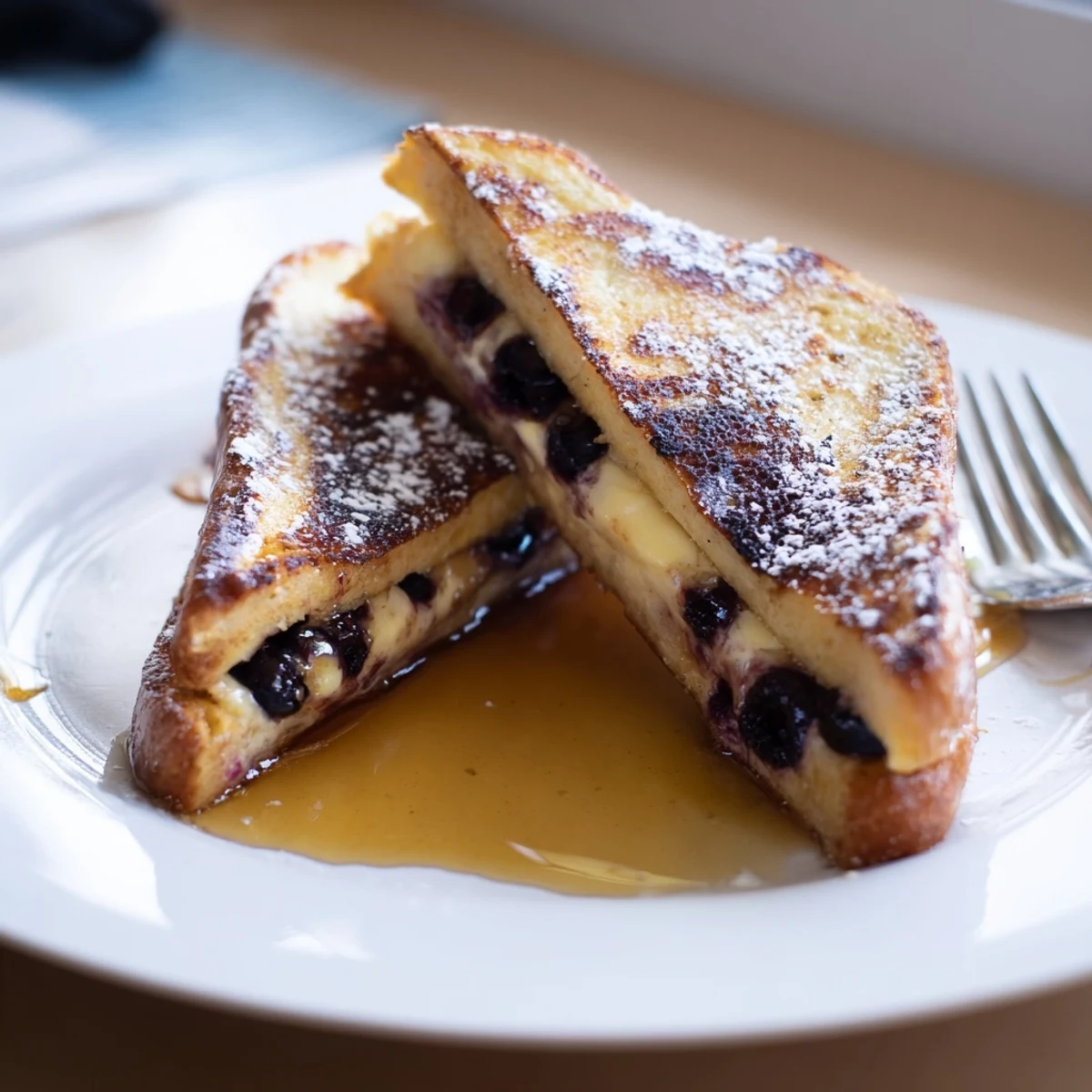 Golden blueberry cheesecake stuffed French toast plated with powdered sugar and maple syrup