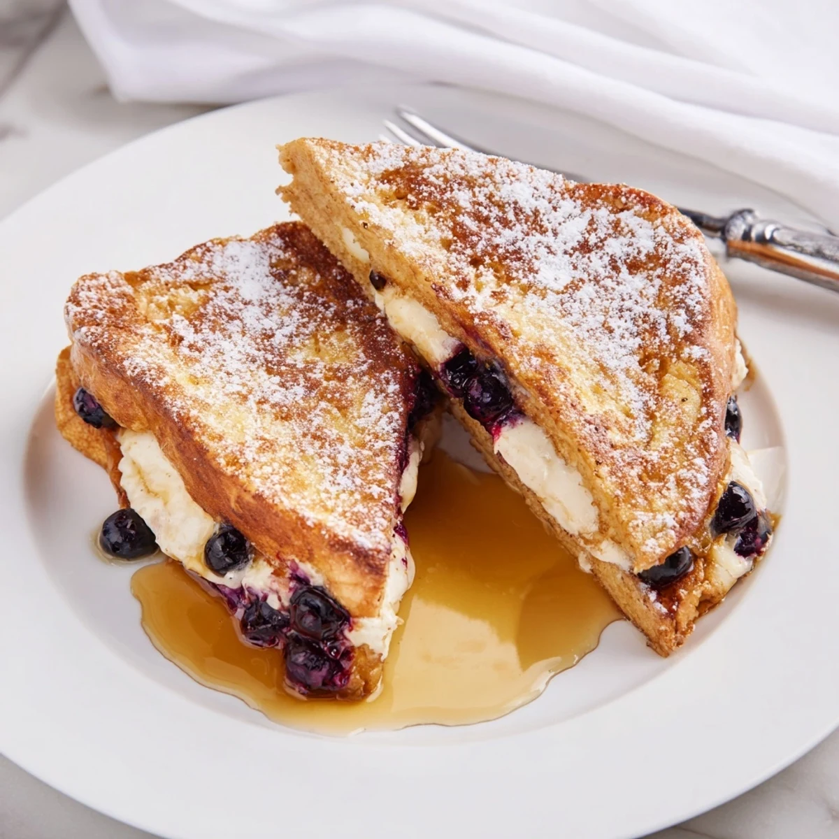 Crispy buttery blueberry cheesecake stuffed French toast topped with fresh juicy berries