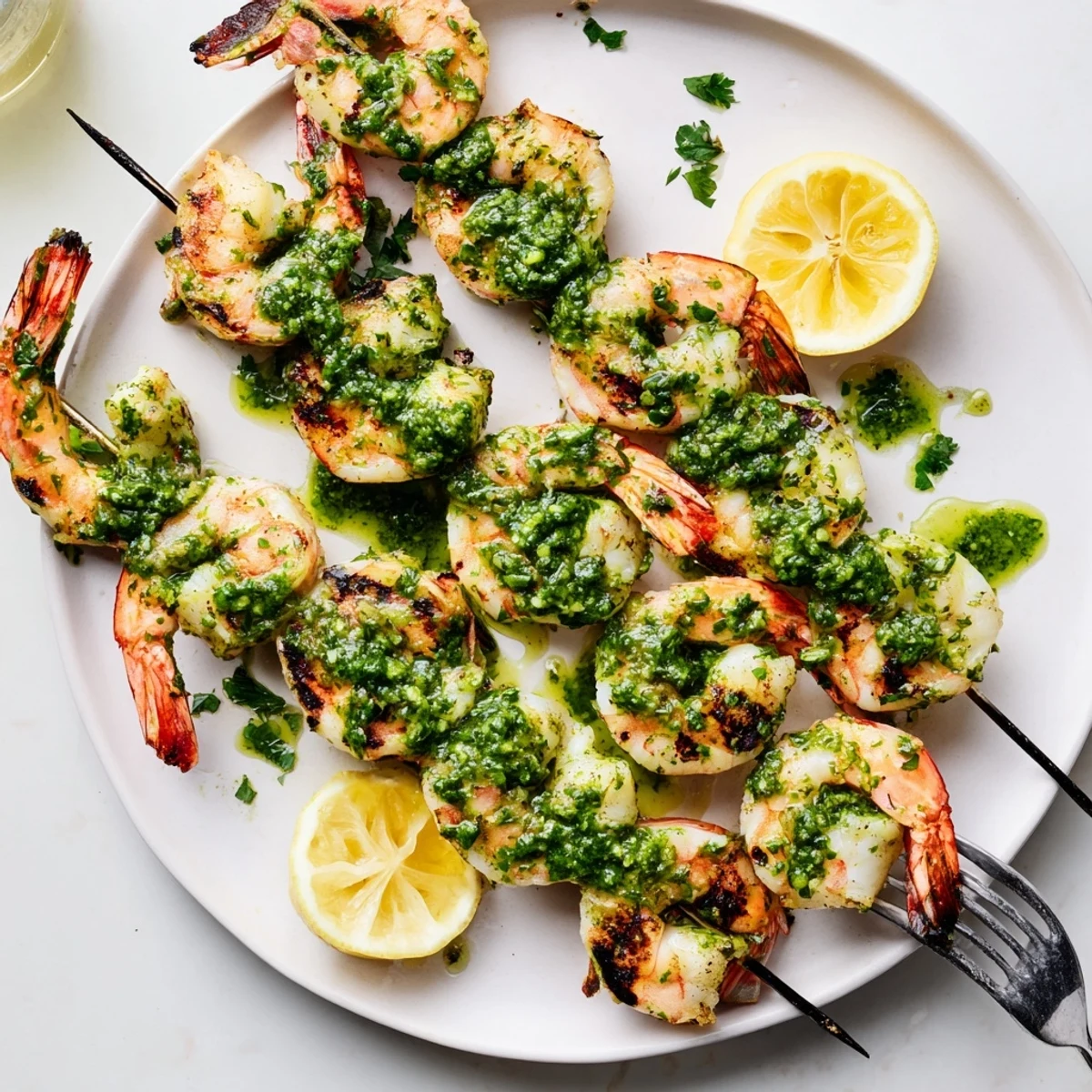 Plated chimichurri shrimp drizzled with vibrant parsley sauce alongside fresh lemon wedges