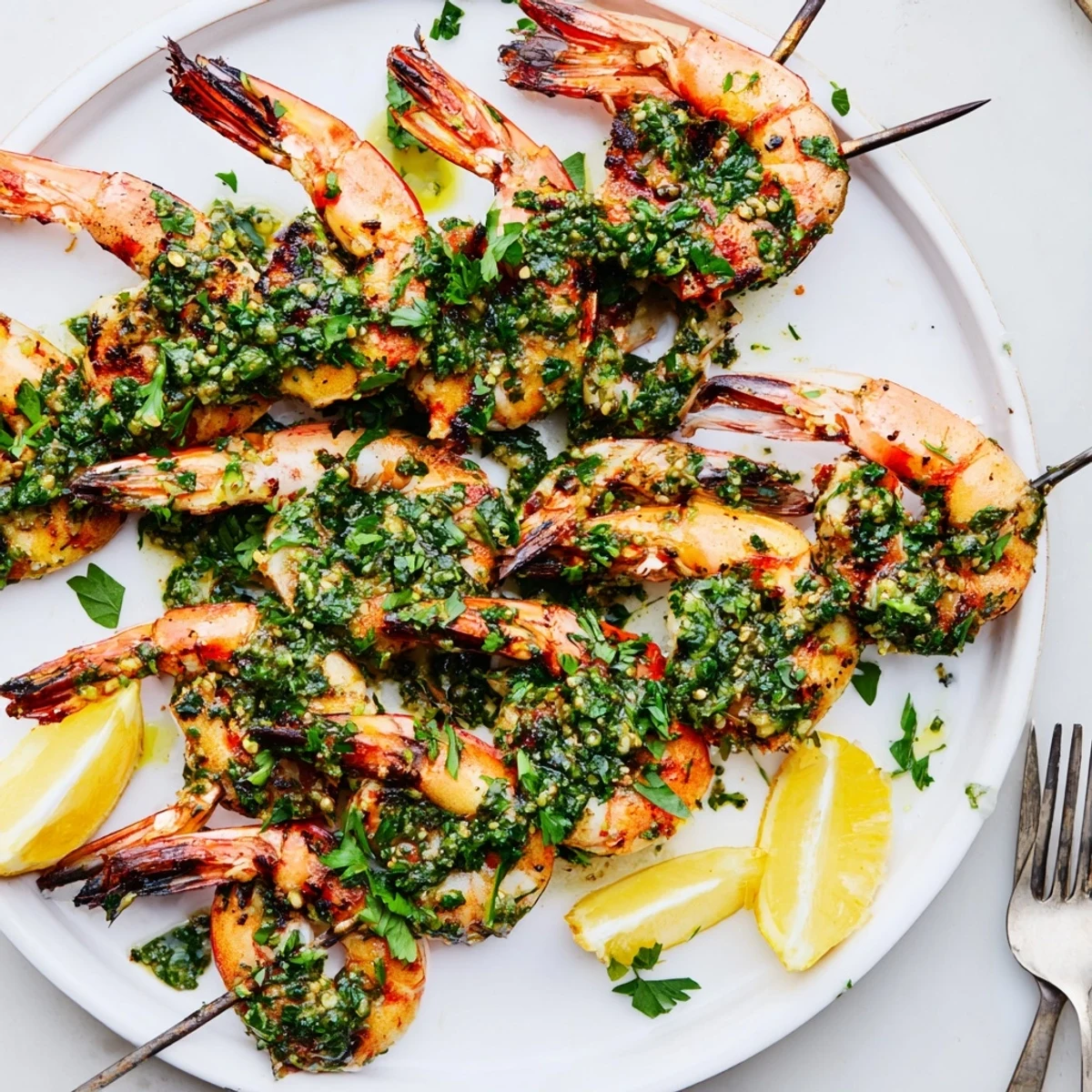 Chimichurri shrimp sizzling on a grill with bright green herb sauce and charred edges