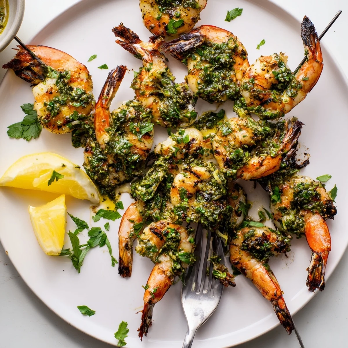 Close-up of chimichurri shrimp skewers glistening with zesty herb marinade over a rustic dish