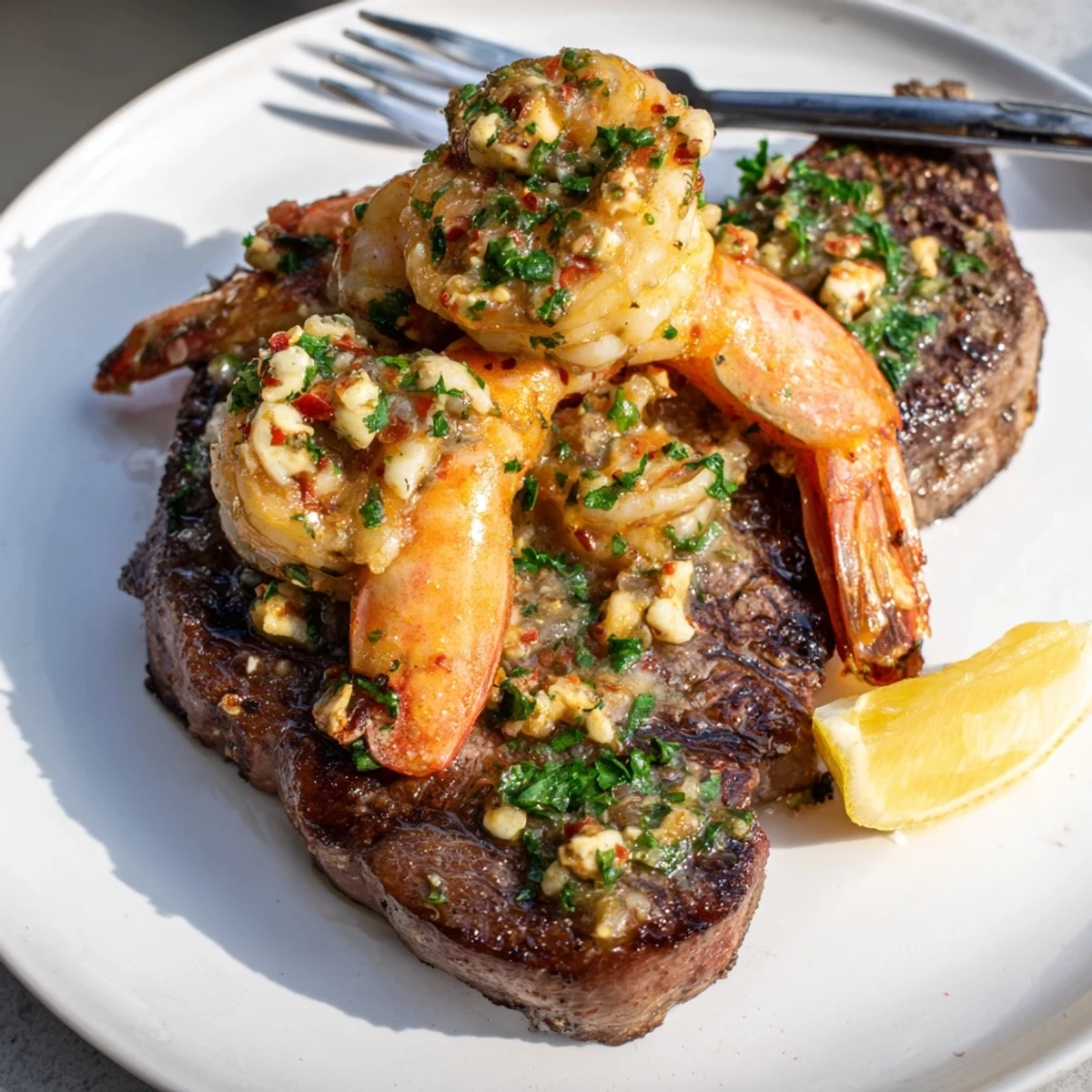 Juicy seared steak and garlic butter shrimp plated with fresh parsley and lemon wedges