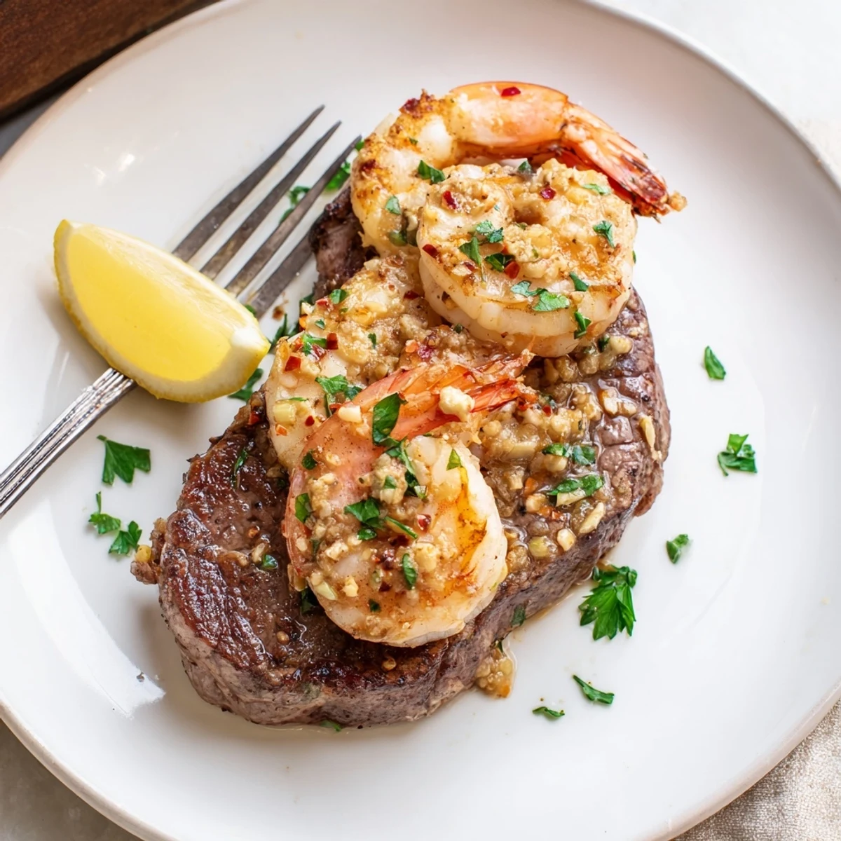 Golden seared steak topped with tender garlic butter shrimp on a warm dinner plate