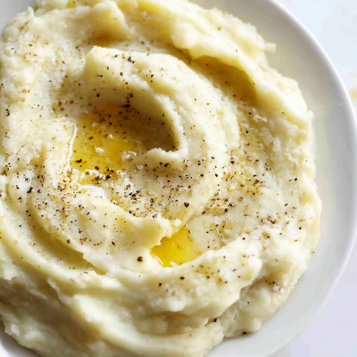 Creamy velvety mashed potatoes piled in a bowl with melted butter pooling on top