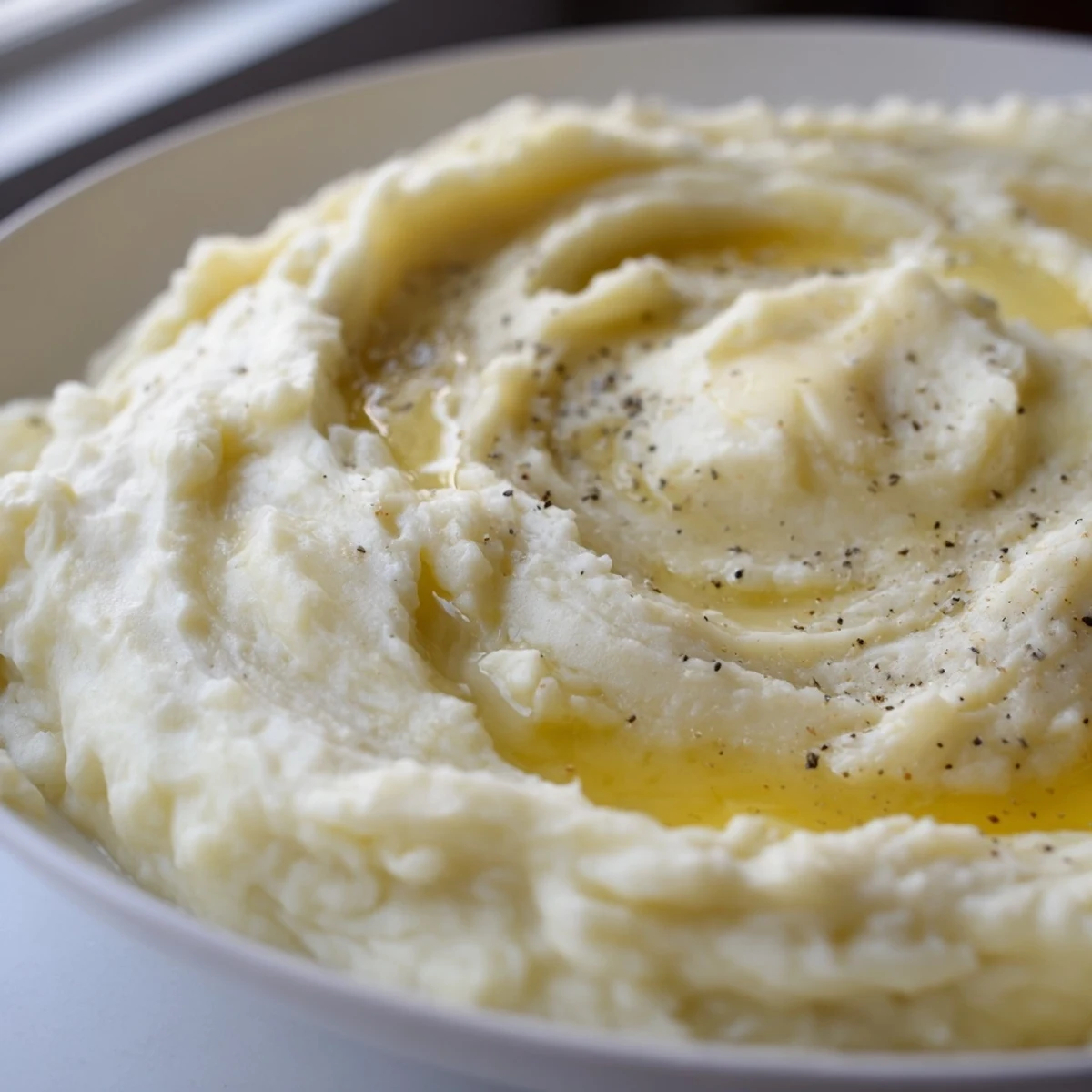 Smooth velvety mashed potatoes served alongside roasted chicken and drizzled with golden butter
