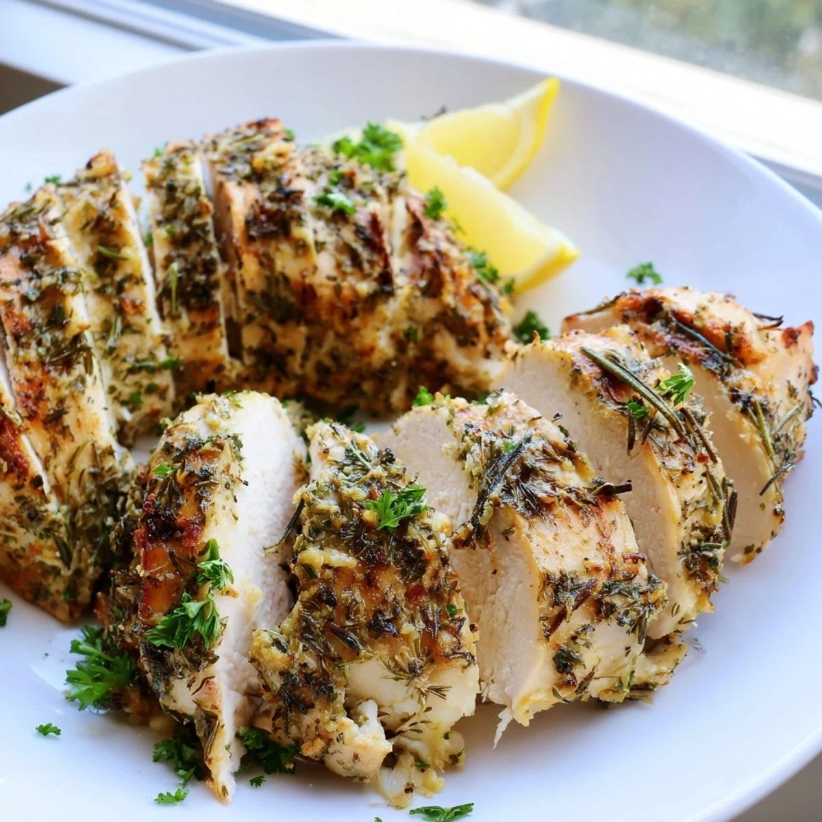 Golden Savory Garlic Herb Chicken fresh from the oven with crispy herb edges and juicy tender center