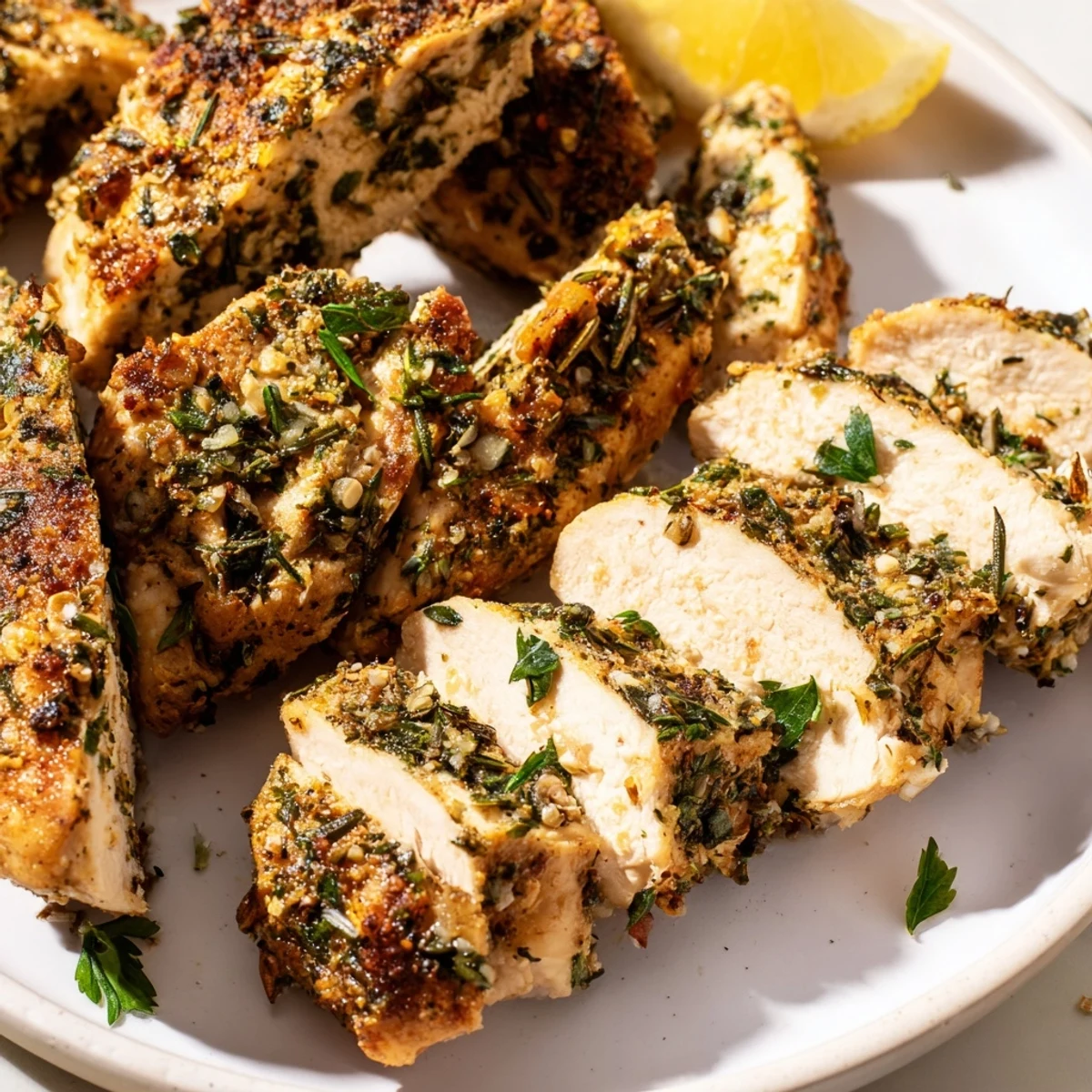 Savory Garlic Herb Chicken plated alongside roasted vegetables and bright lemon wedges for a satisfying dinner