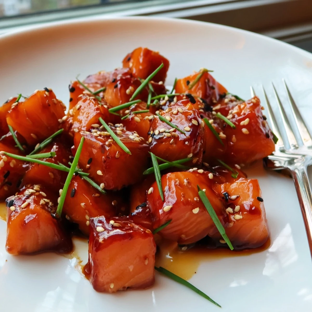 Glossy hot honey salmon bites garnished with sesame seeds and fresh chives on a white platter