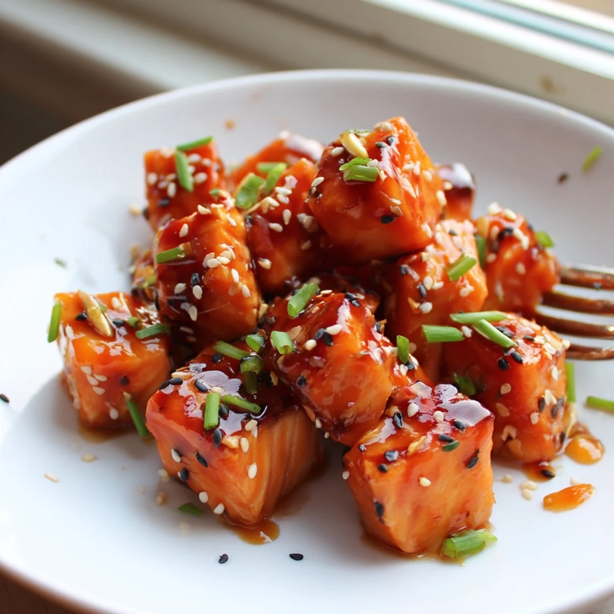 Caramelized hot honey salmon bites with sticky spicy-sweet glaze served in crisp lettuce cups