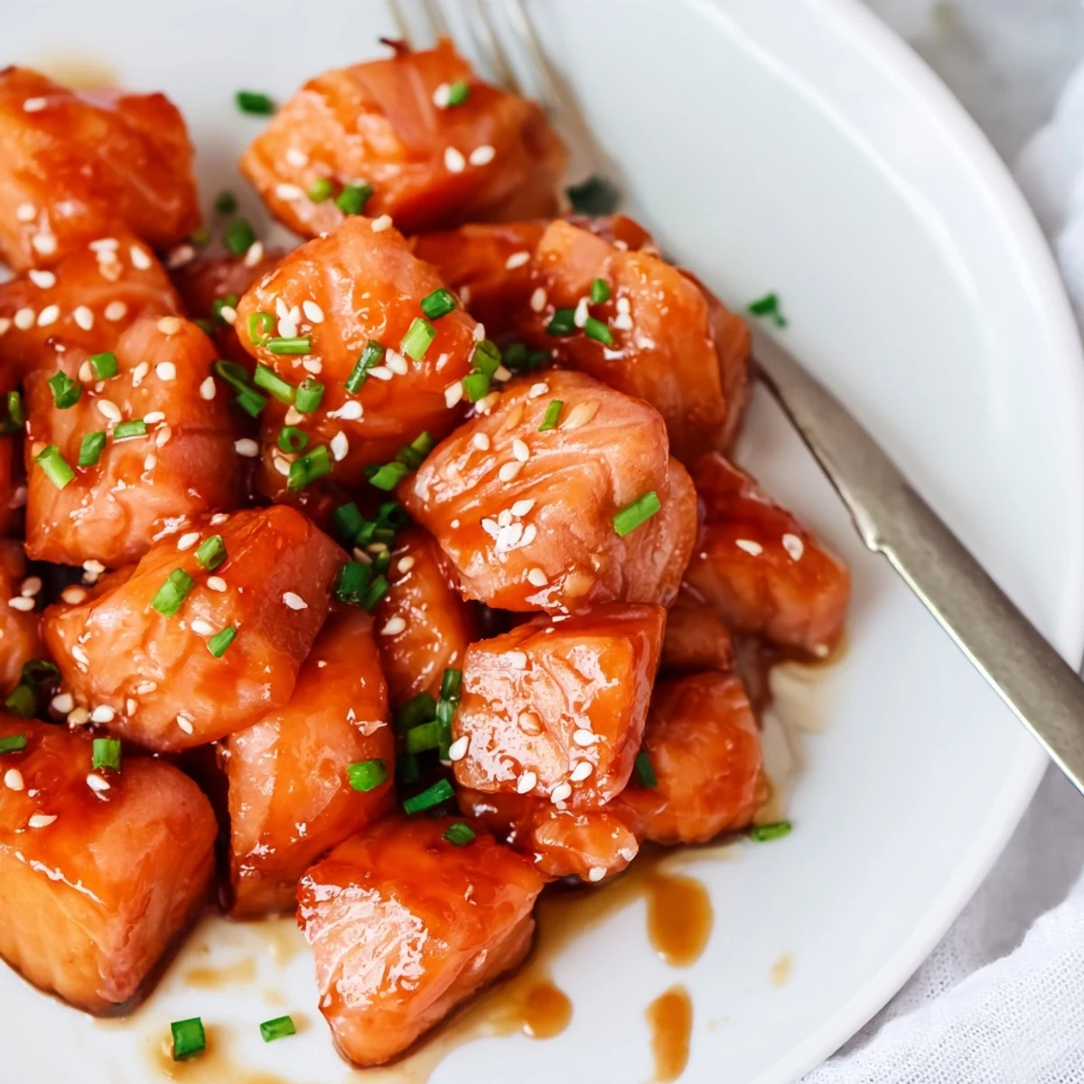 Golden roasted hot honey salmon bites drizzled with sweet chili sauce on a rustic baking sheet