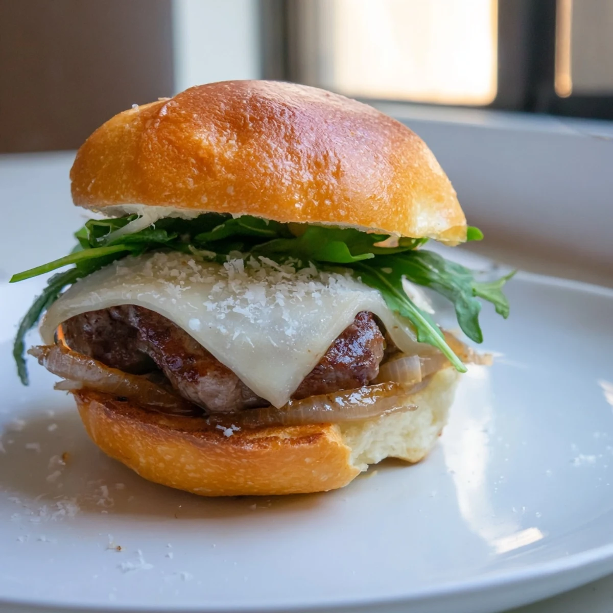 Juicy filet mignon sliders on golden garlic parmesan rolls topped with melted cheese and arugula