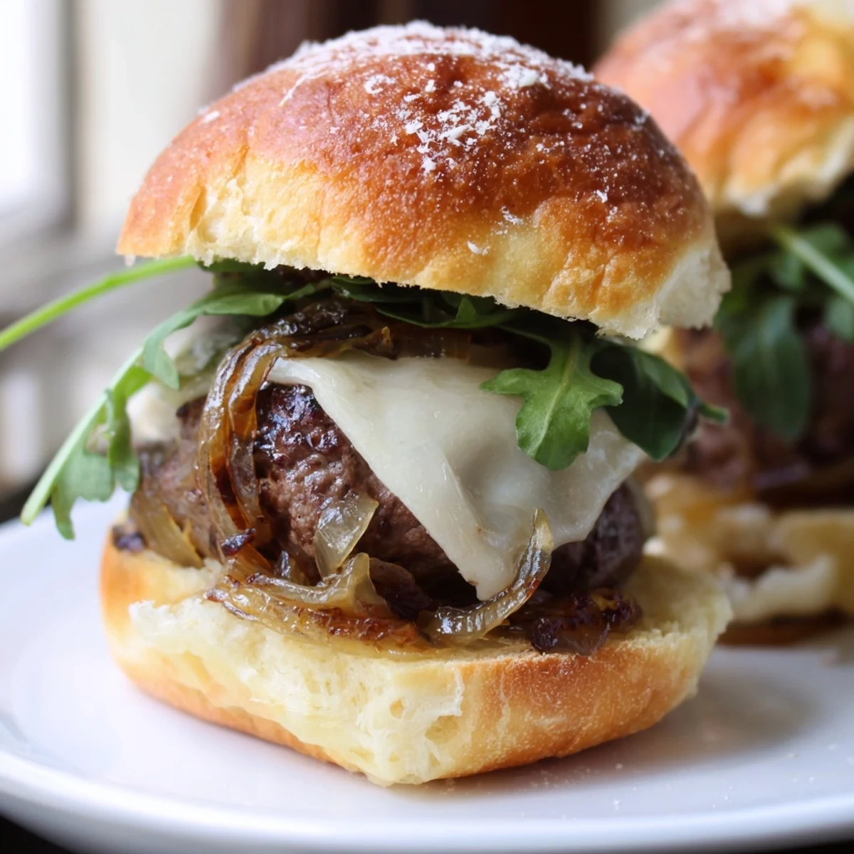 Tender filet mignon sliders nestled in warm garlic parmesan rolls with caramelized onions and fresh greens