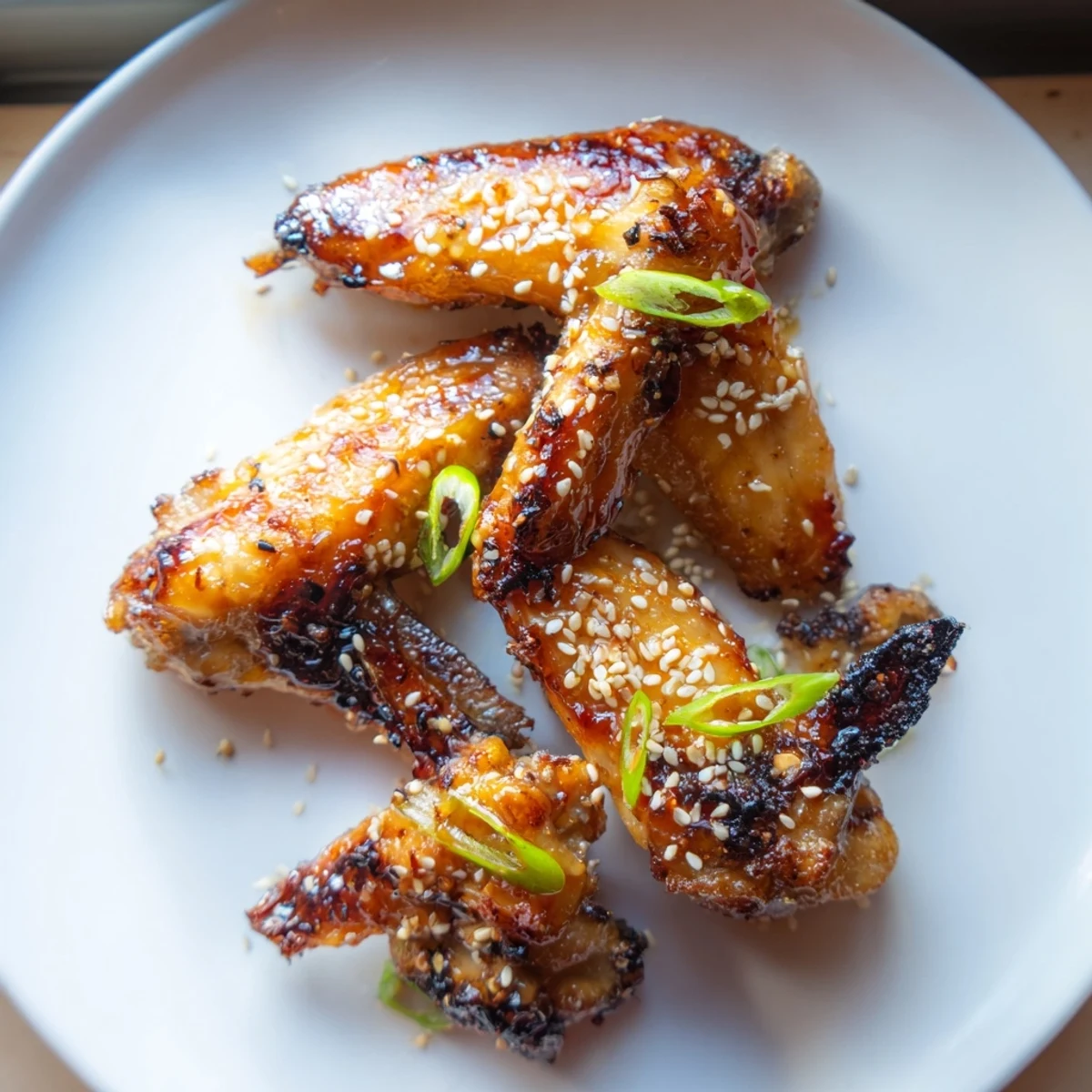 Glossy miso honey marinated chicken wings garnished with sesame seeds on a rustic platter