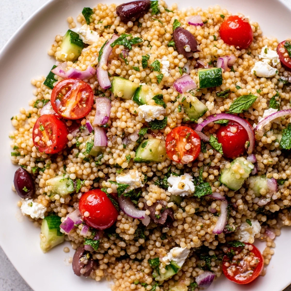 A vibrant Mediterranean couscous salad topped with feta and a hot honey lemon vinaigrette