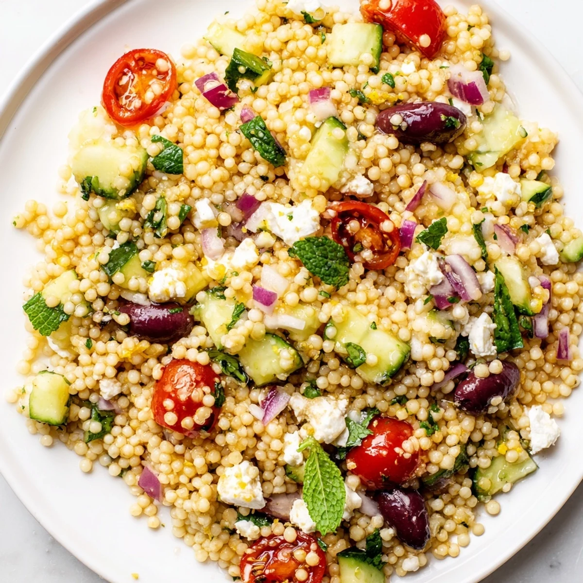 Golden couscous tossed with tomatoes, olives, and herbs in a spicy-sweet honey lemon dressing