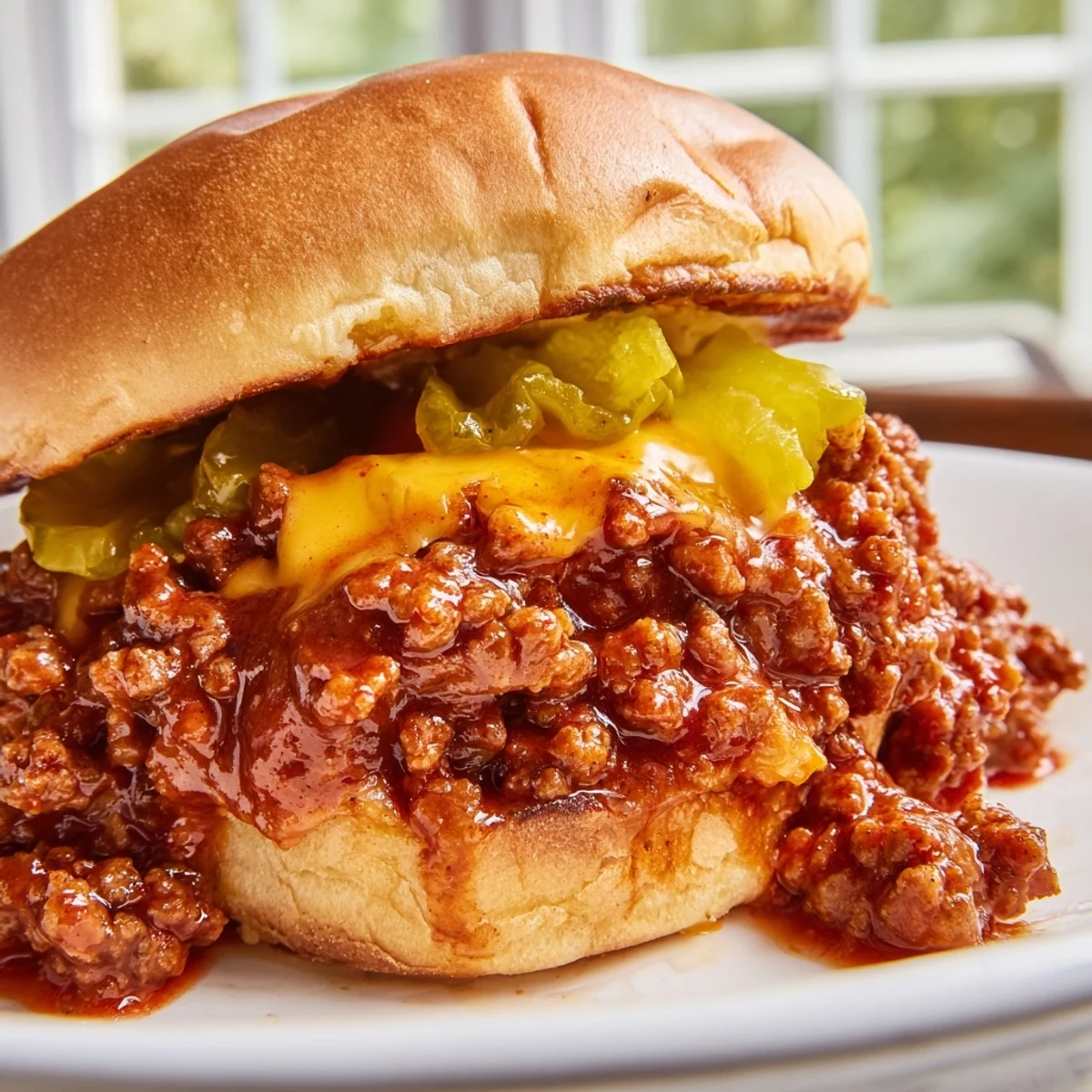 Golden bun overflowing with cheesy Smash Burger Sloppy Joes and pickle chips