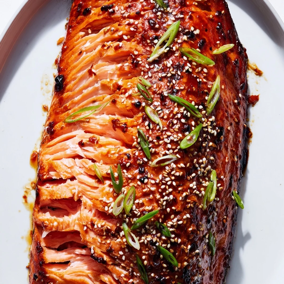 Glistening baked Asian salmon with a caramelized glaze topped with sesame seeds