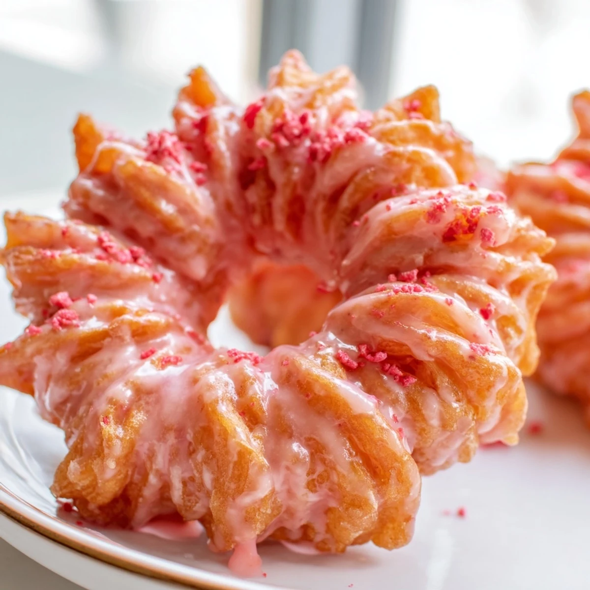 Golden Strawberry Glazed French Crullers with glossy pink icing on a wire rack