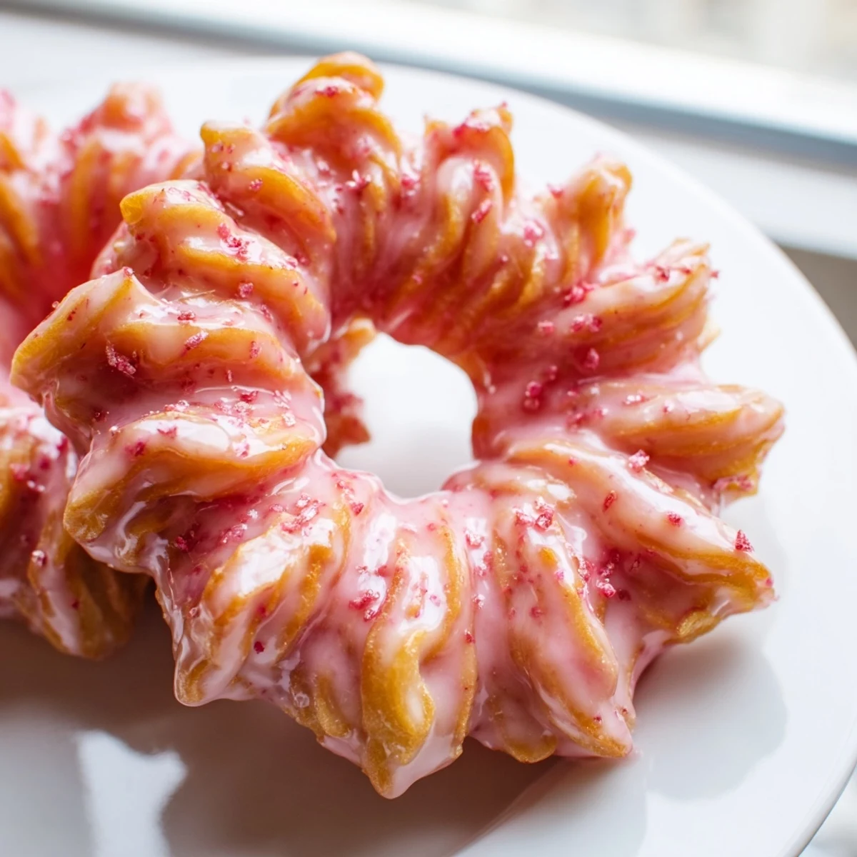 Crispy fried Strawberry Glazed French Crullers dripping with sweet tangy berry glaze