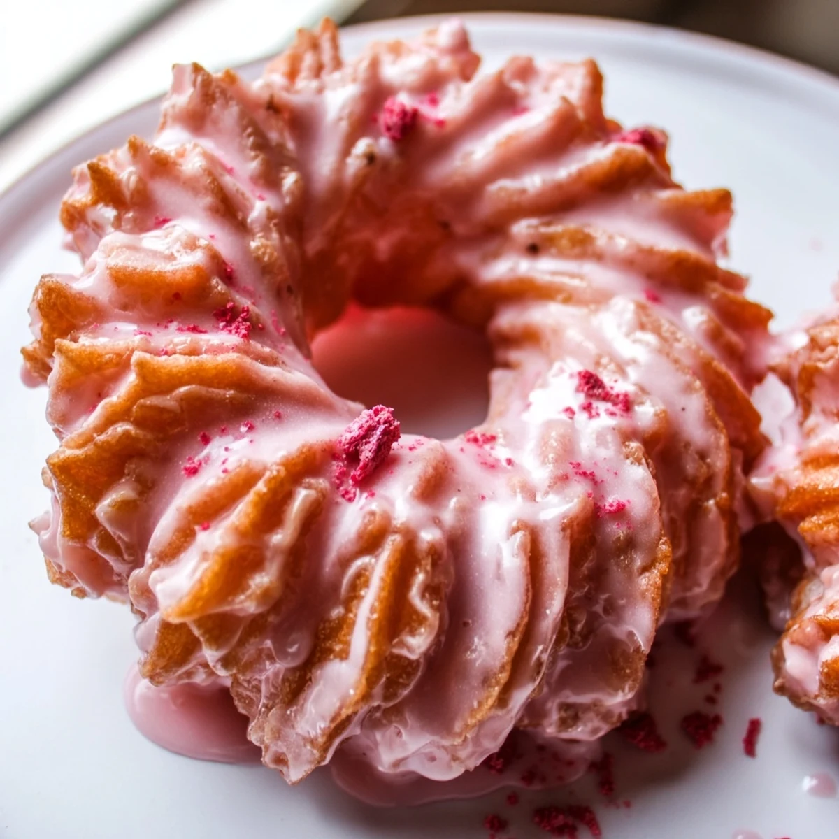 Pillowy Strawberry Glazed French Crullers topped with vibrant pink strawberry icing served fresh