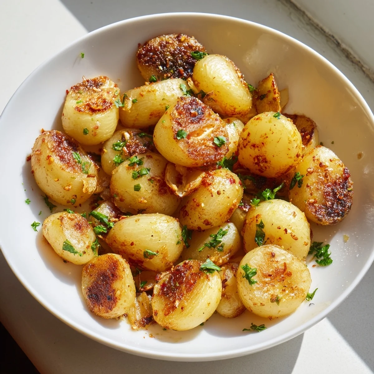 Golden crispy air fried pearl onions served hot in a rustic bowl with fresh herbs