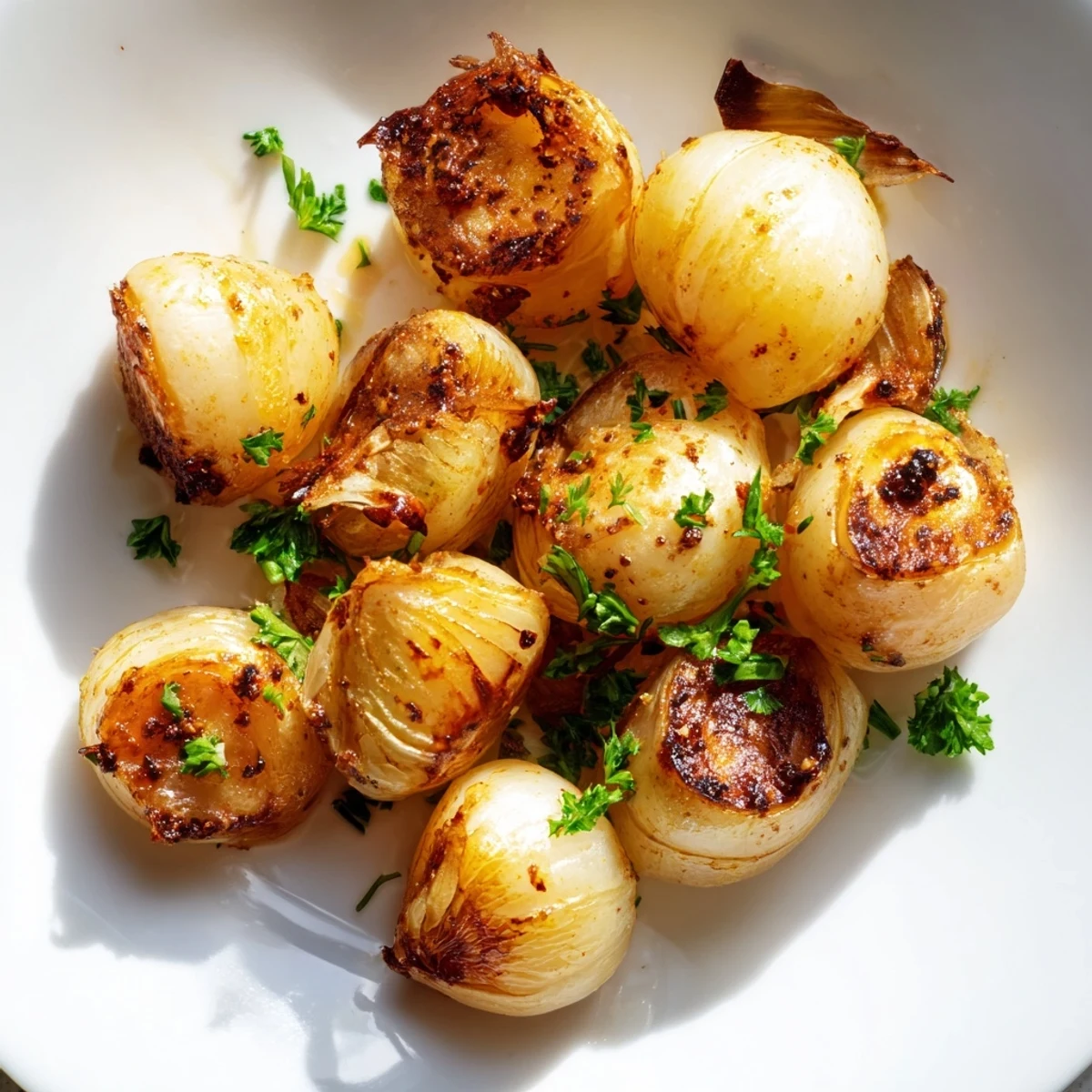 Close-up of tender air fried pearl onions glistening with olive oil on a ceramic plate
