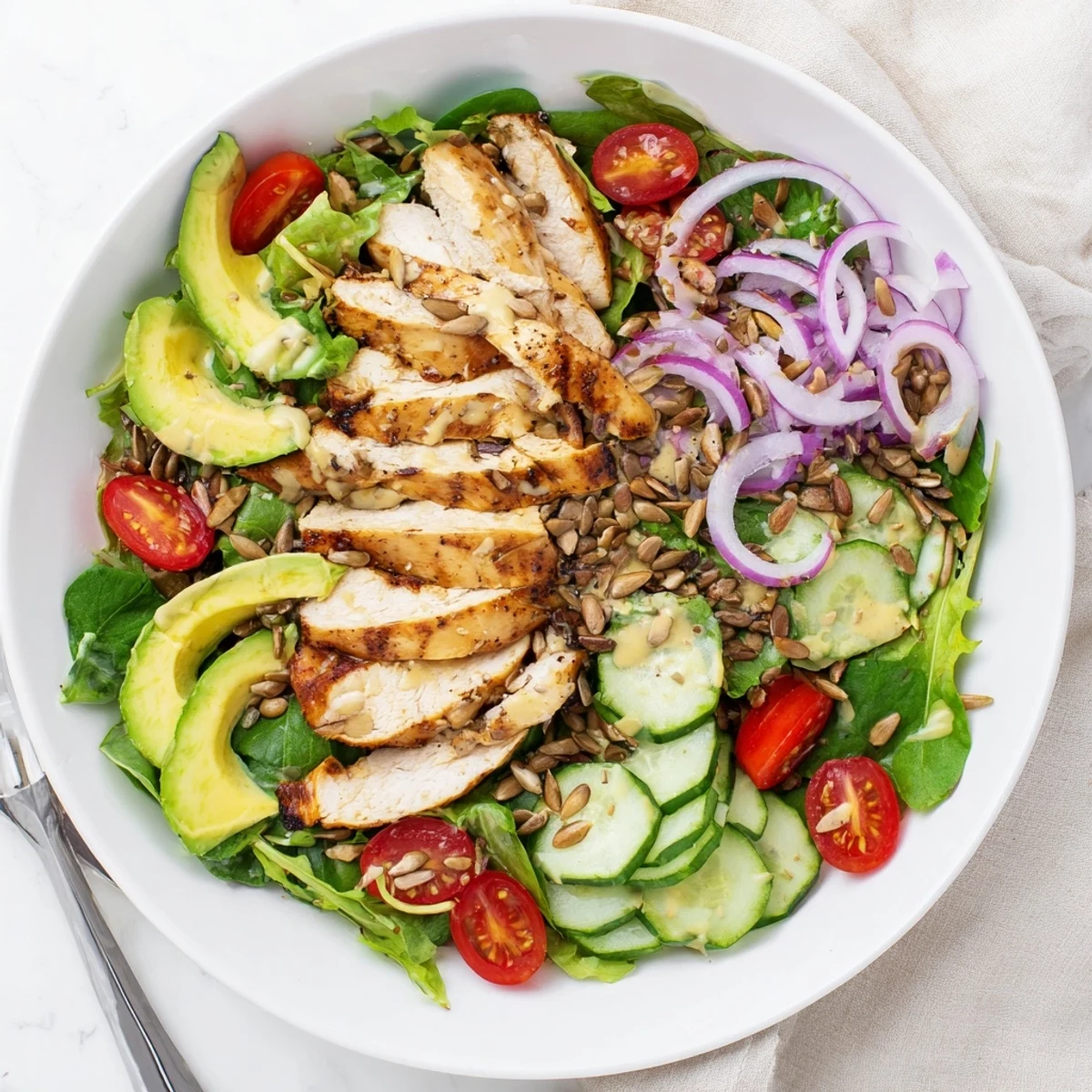 Creamy honey mustard chicken salad topped with sliced avocado and cherry tomatoes