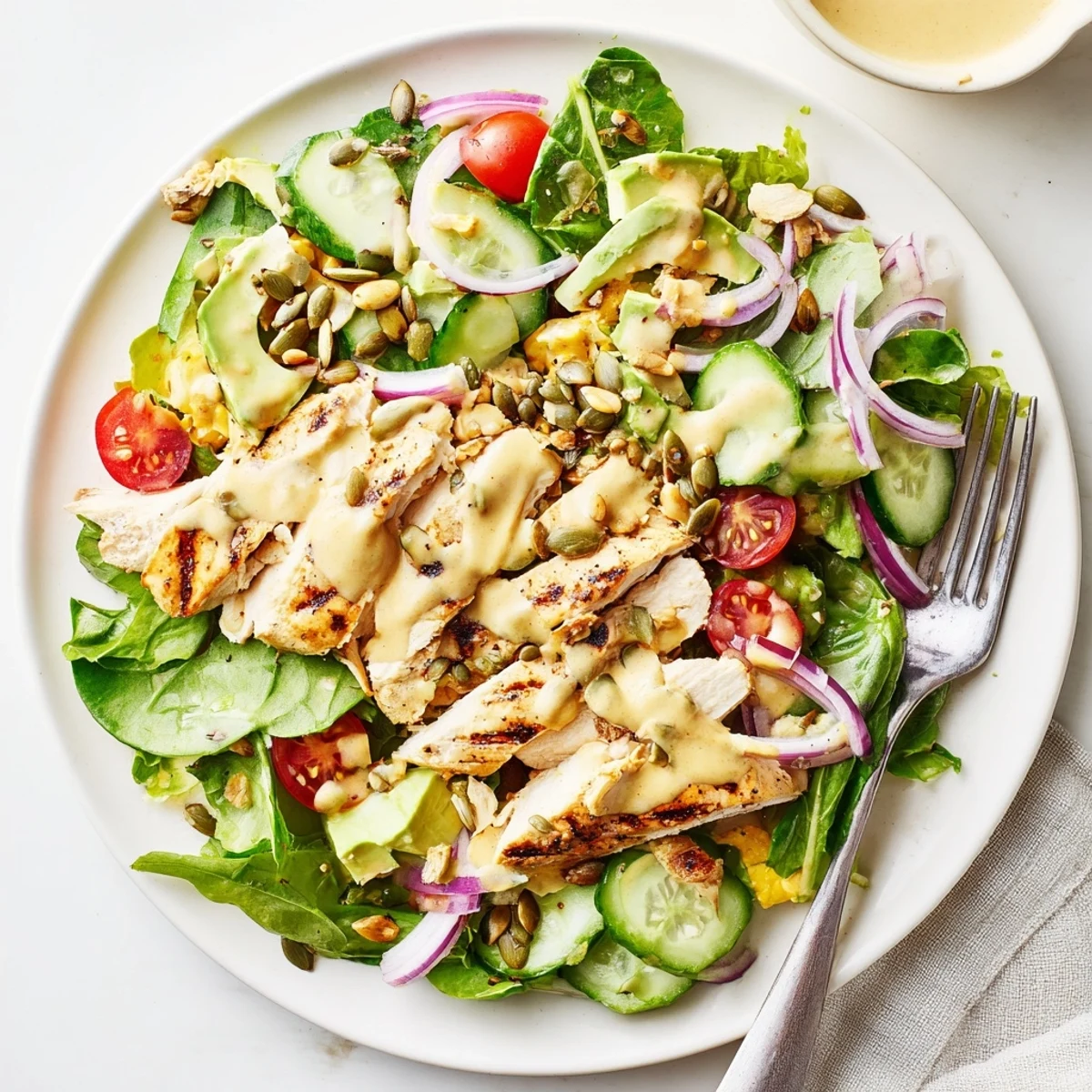 Tender golden chicken breast drizzled with creamy honey mustard dressing over fresh mixed greens