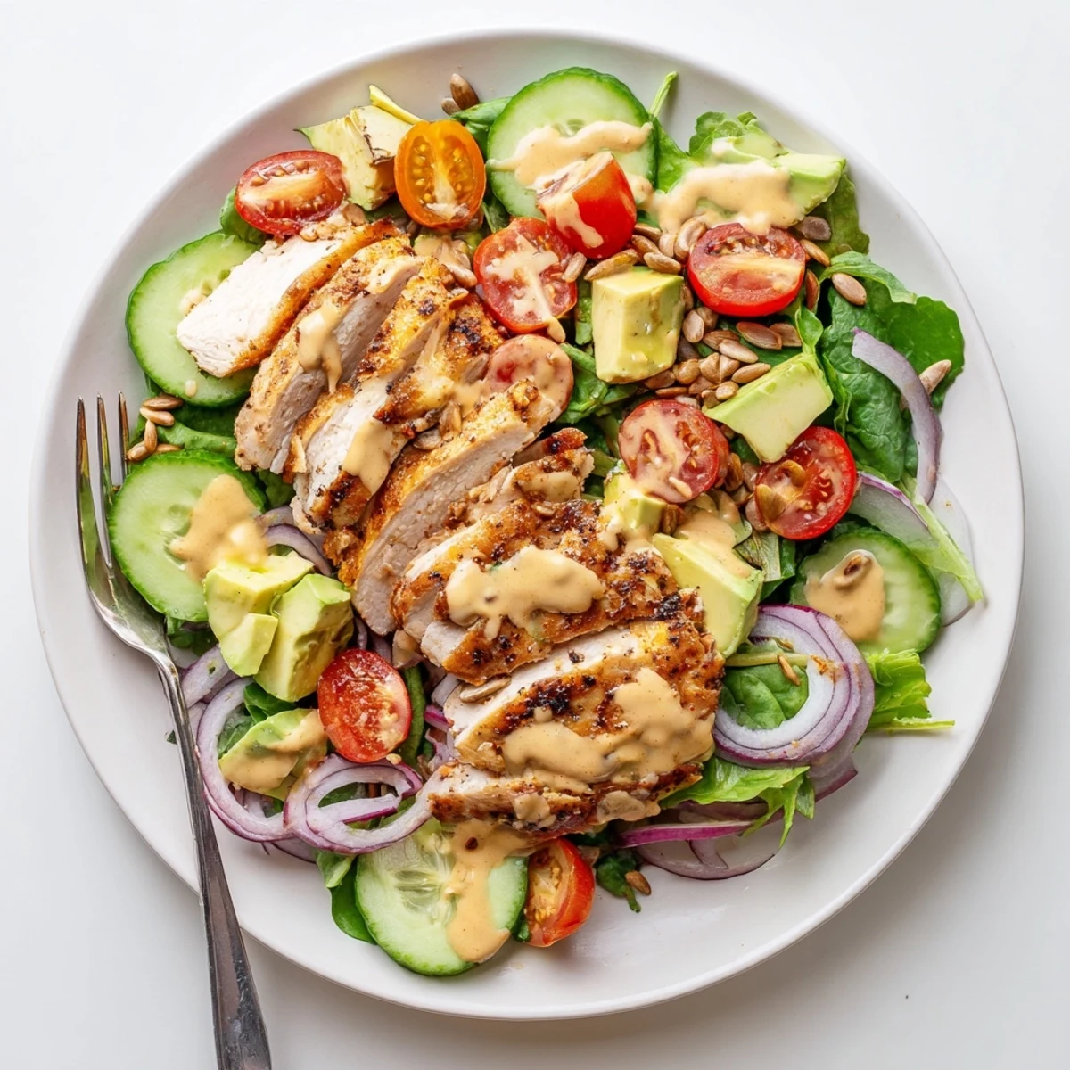 Creamy honey mustard chicken salad served in a bowl with crunchy sunflower seeds