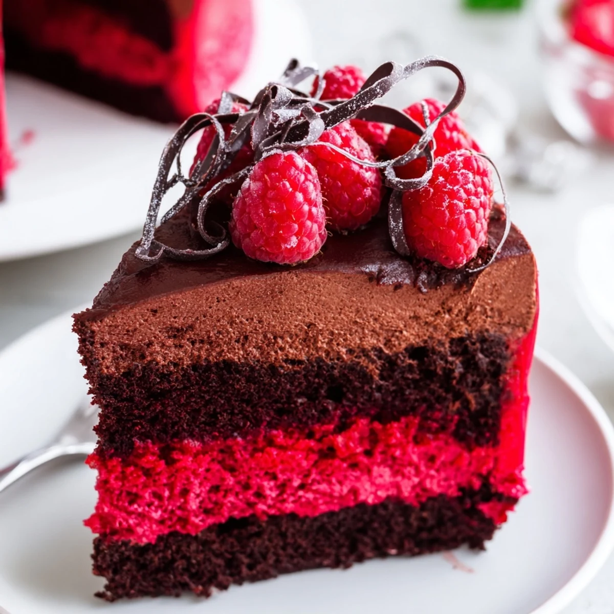 Heavenly Raspberry Chocolate Mousse Cake topped with fresh berries and chocolate curls