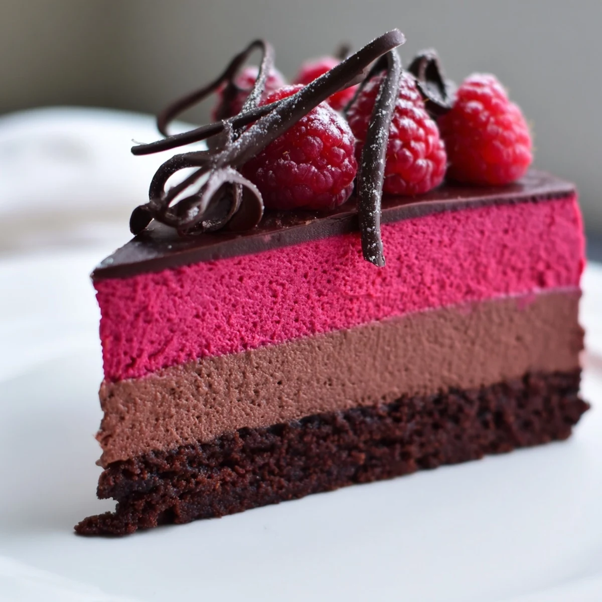 Heavenly Raspberry Chocolate Mousse Cake with a glossy raspberry layer and dusted icing sugar