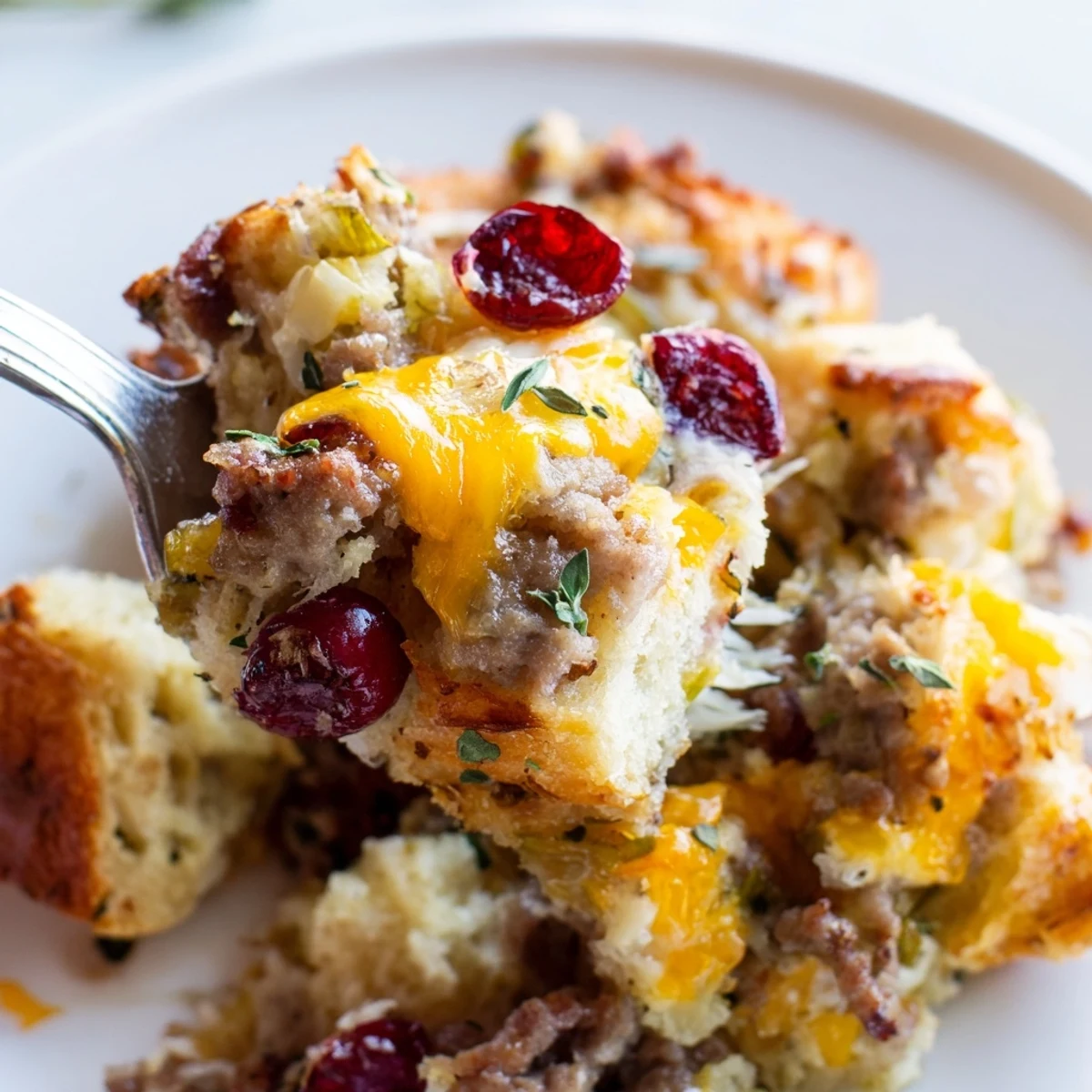 Golden baked Cranberry Sausage Stuffing Breakfast Casserole with bubbling melted cheddar on top