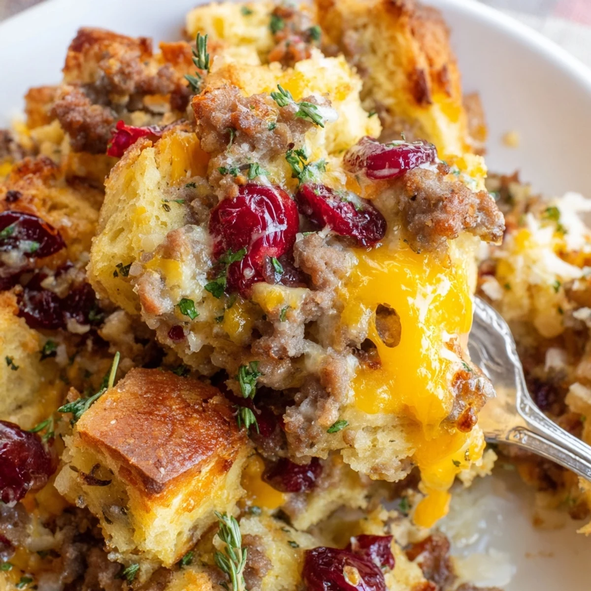 Hearty Cranberry Sausage Stuffing Breakfast Casserole scooped onto a plate with fresh parsley garnish