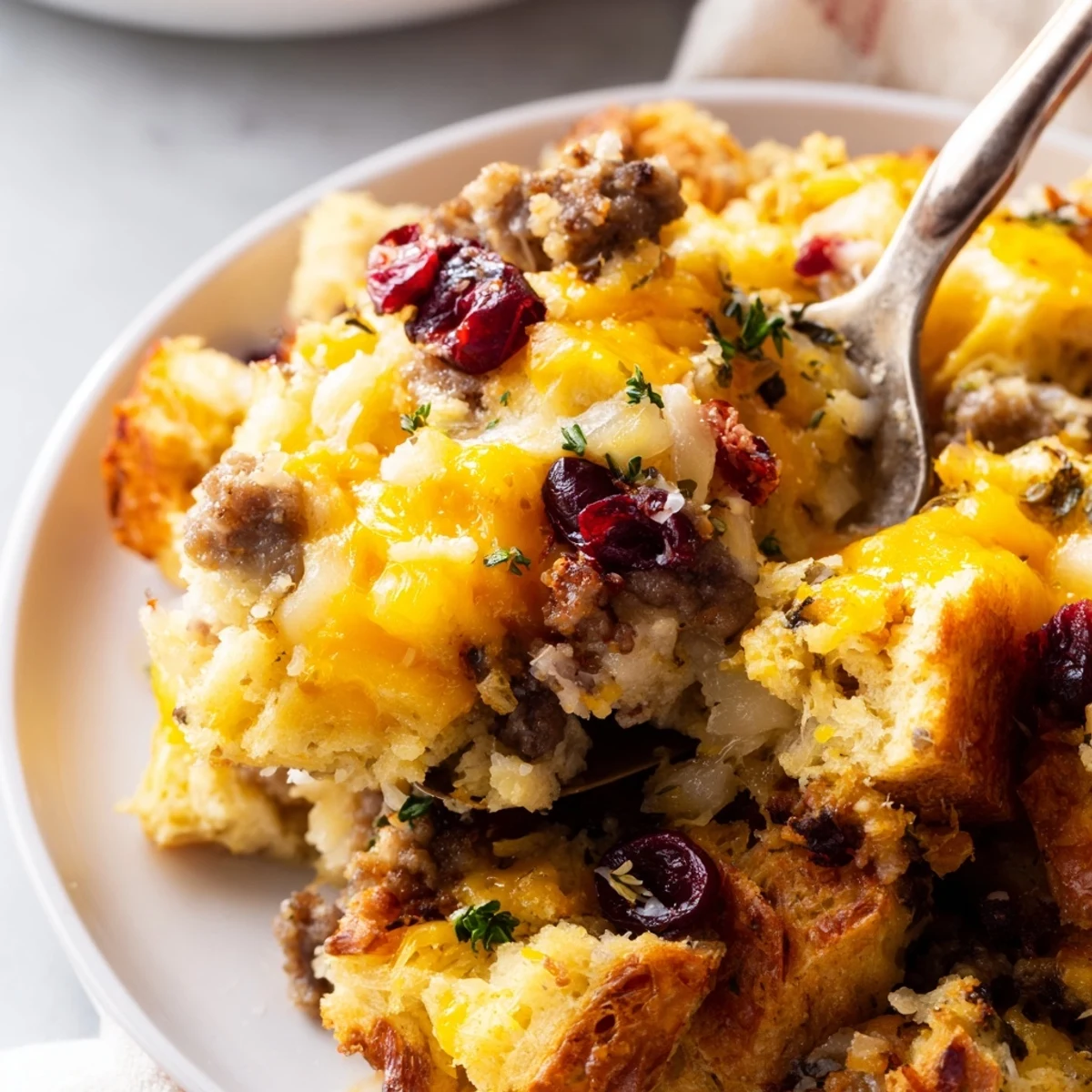 Steaming wedge of Cranberry Sausage Stuffing Breakfast Casserole showcasing tart cranberries and savory crumbles