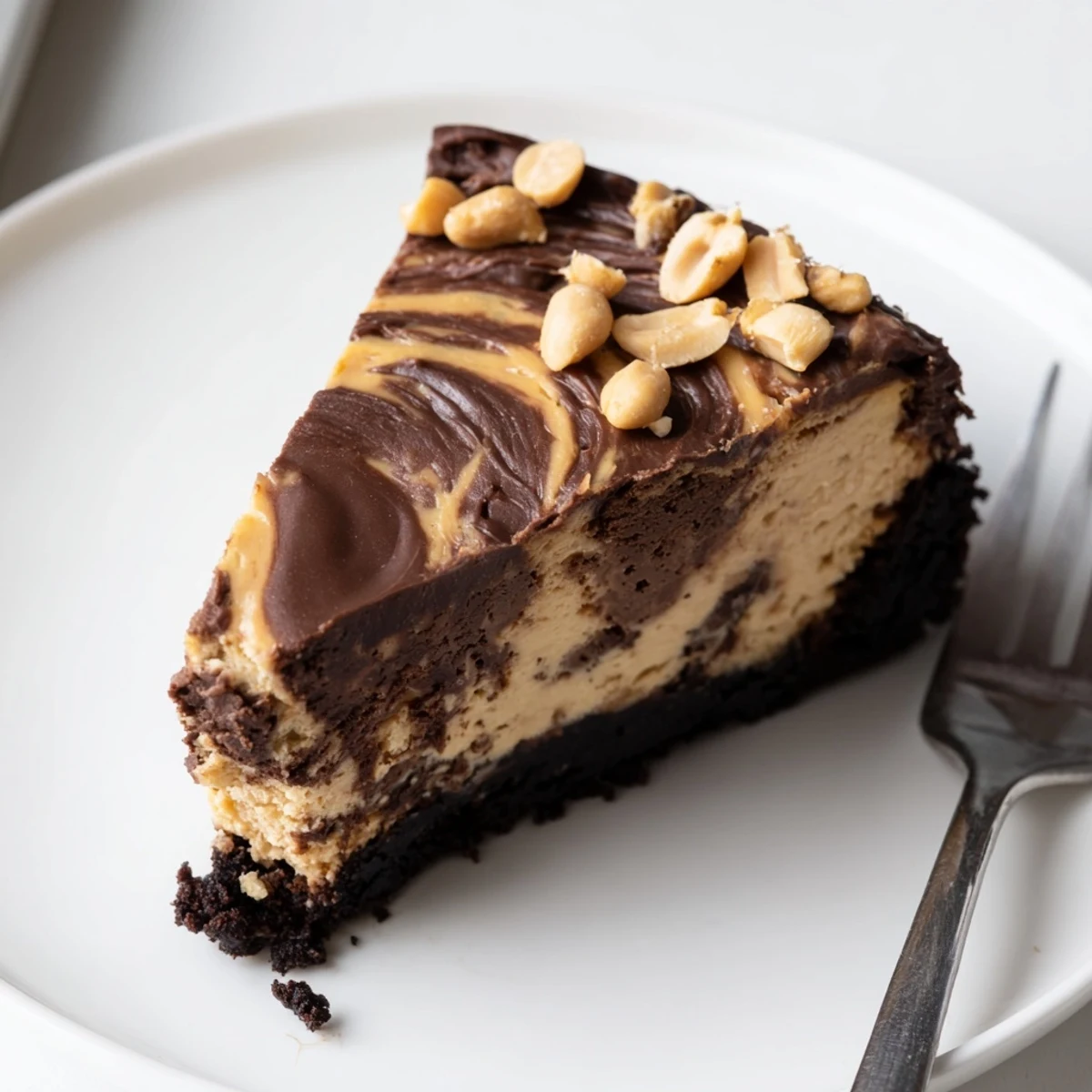 Creamy chocolate peanut butter cheesecake with marbled swirls on a cookie crust