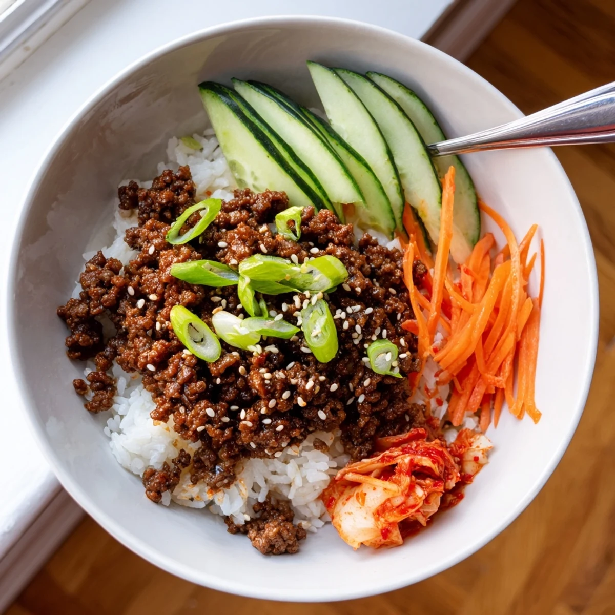Savory Korean ground beef bowl topped with sesame seeds and fresh scallions