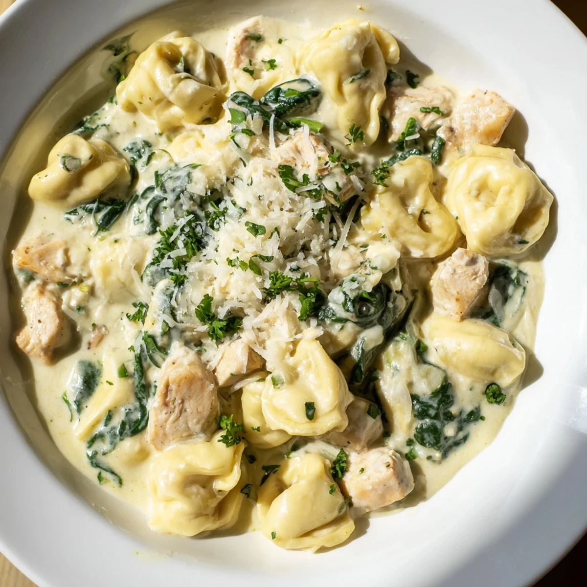 Creamy garlic chicken tortellini with spinach topped with grated Parmesan and fresh parsley