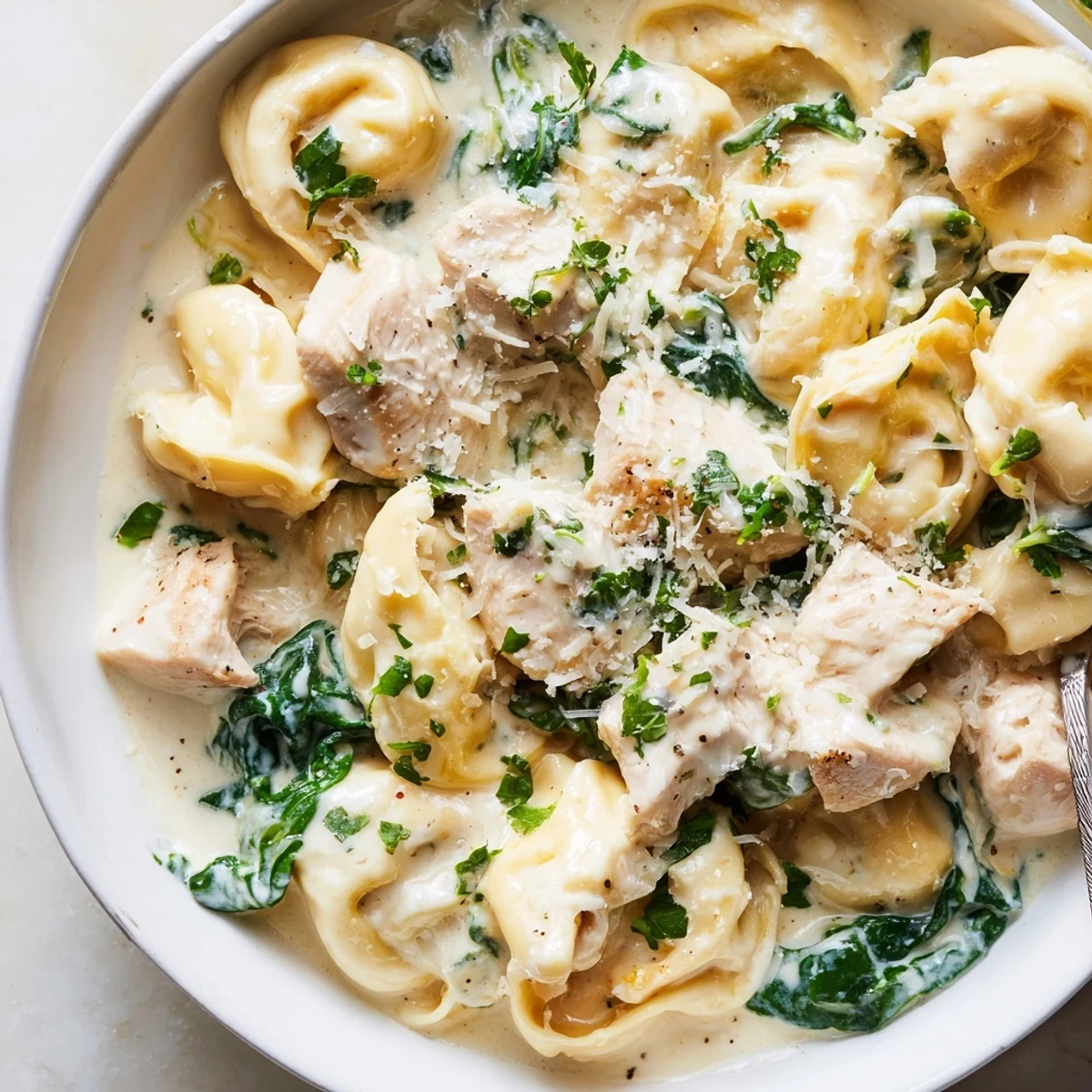 Golden seared chicken and cheese tortellini nestled in a velvety creamy garlic spinach sauce
