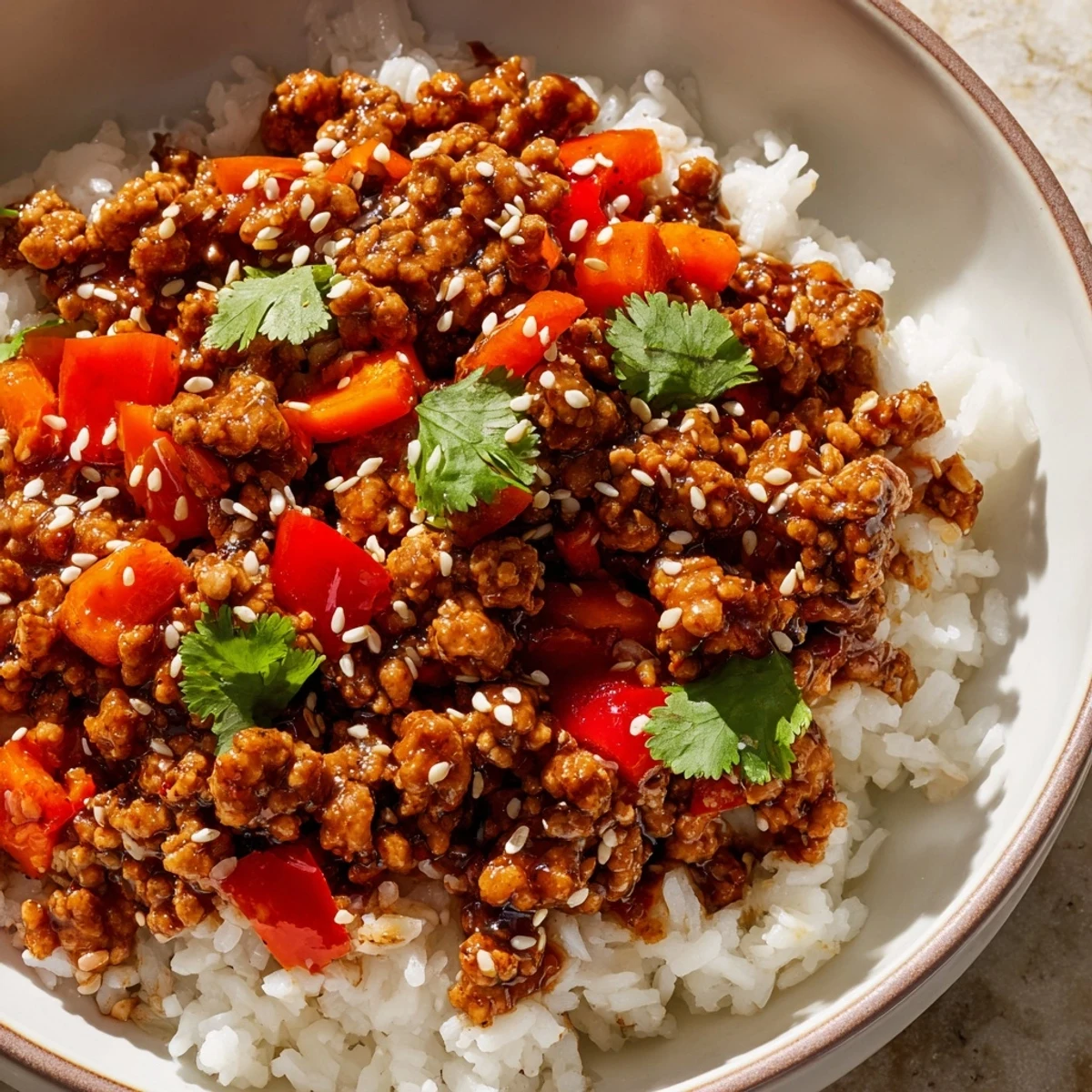 Steaming ground turkey rice bowls topped with fresh cilantro and lime wedges