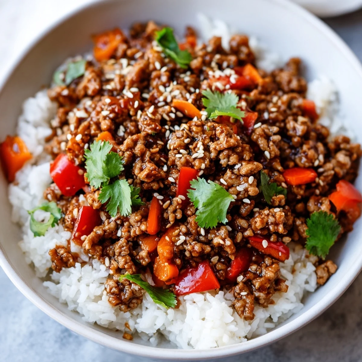 Colorful ground turkey rice bowls with crisp veggies and sesame seeds on rustic dish