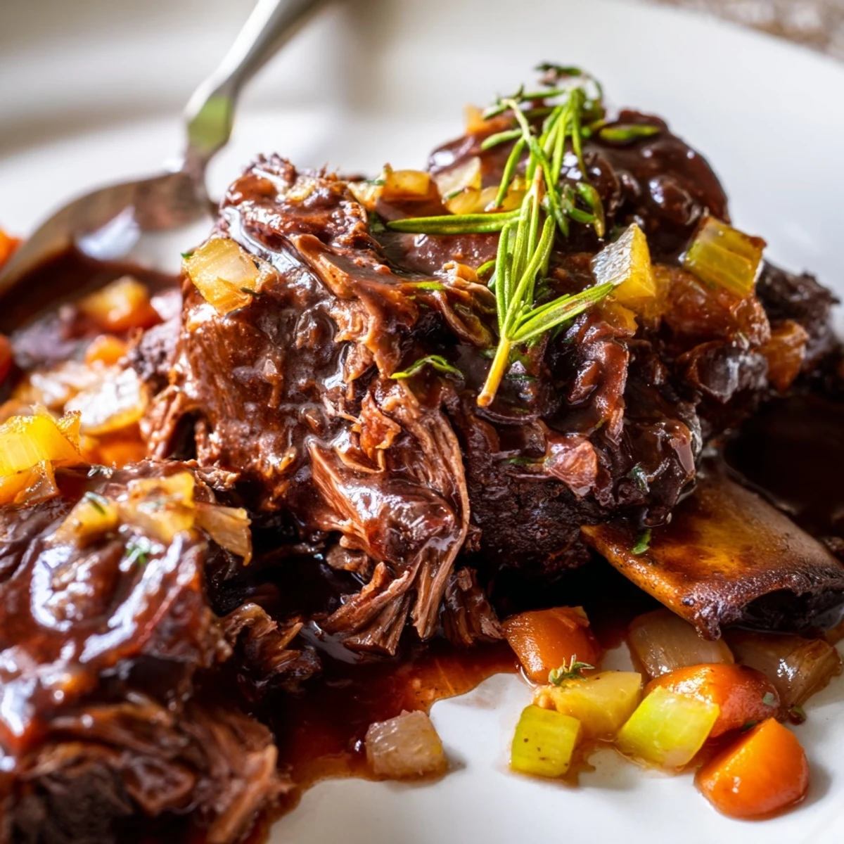 Tender oven braised beef short ribs glistening with rich, dark red wine sauce