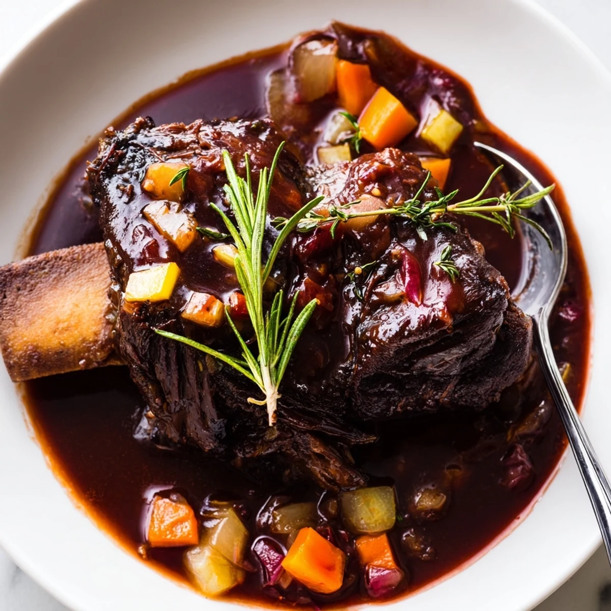 Fall-off-the-bone oven braised beef short ribs resting on a bed of creamy mashed potatoes