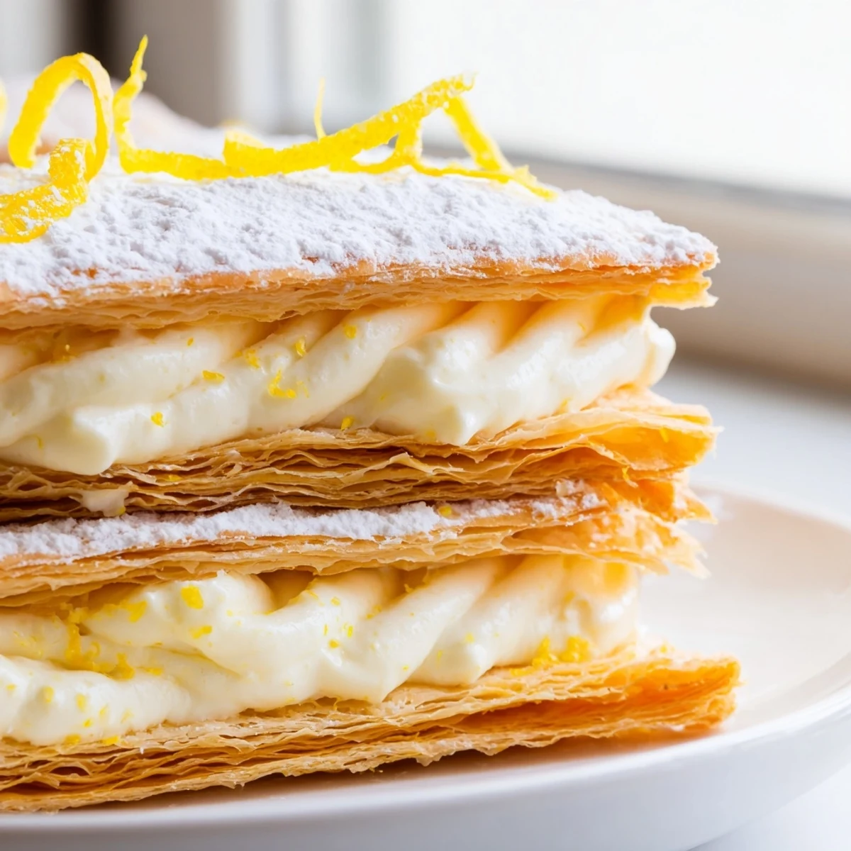 Crispy lemon ricotta puff pastry mille feuille layered with creamy filling and powdered sugar