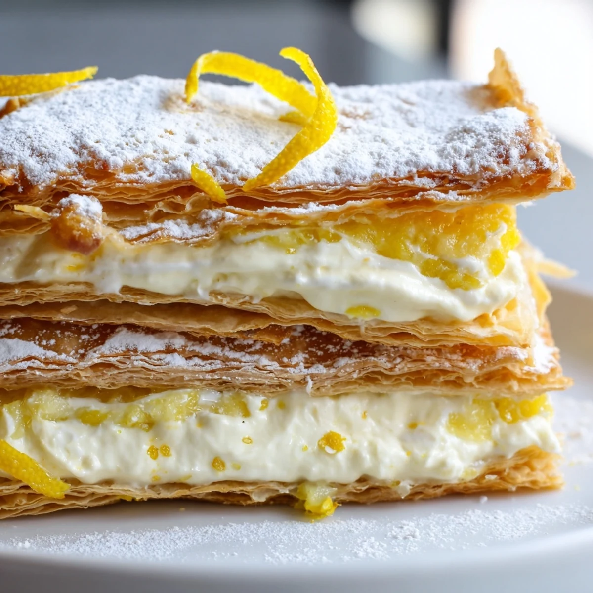 Golden flaky lemon ricotta puff pastry mille feuille topped with delicate lemon zest curls