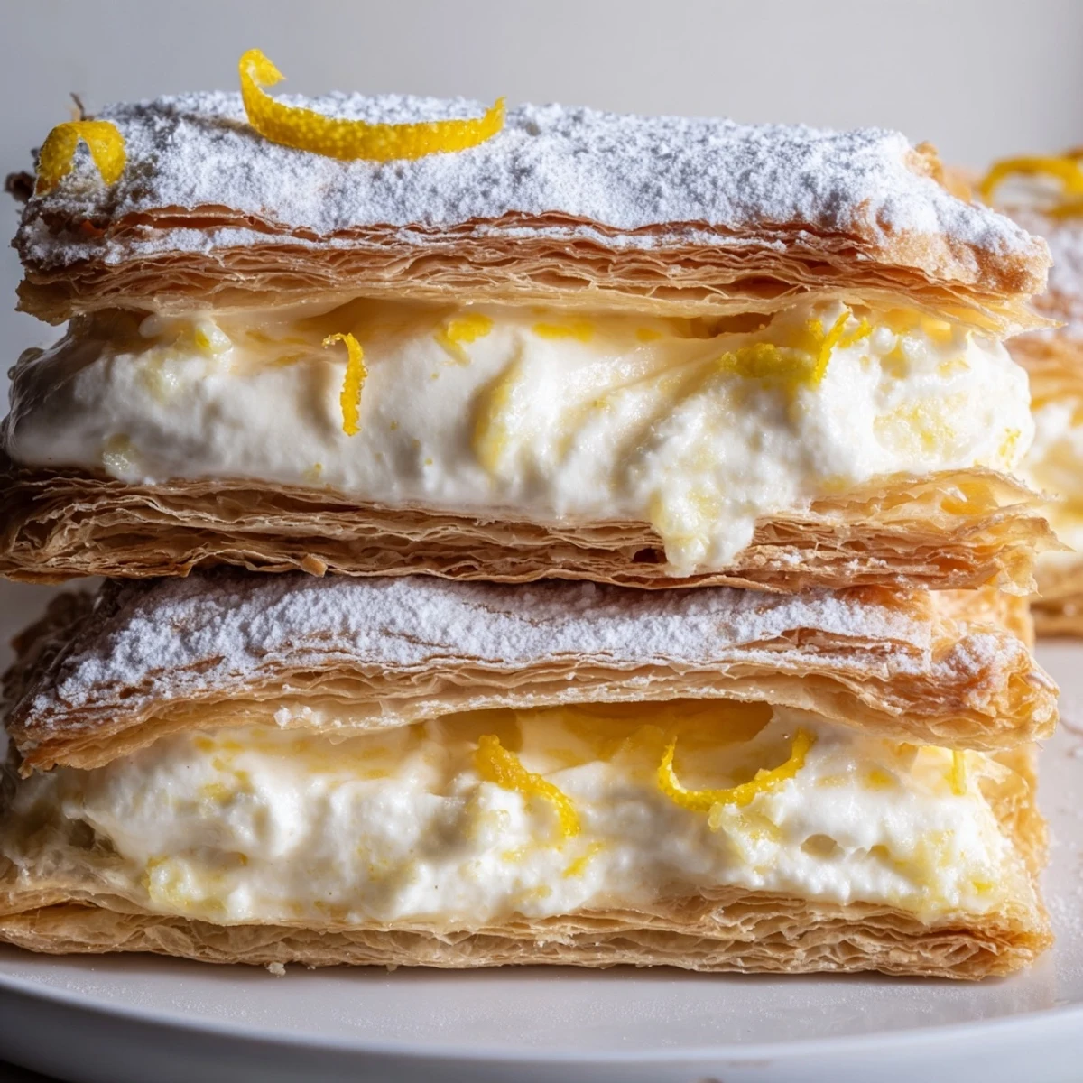 Elegant lemon ricotta puff pastry mille feuille sliced to reveal three buttery crisp layers