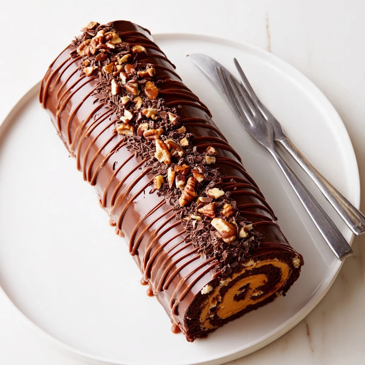 Rich chocolate caramel turtle cake roll sliced on a rustic white serving plate