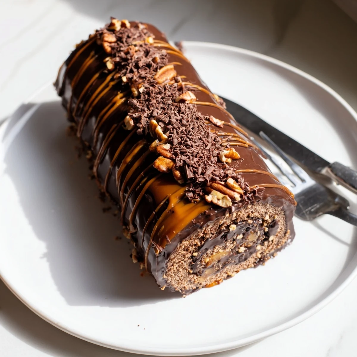 Decadent turtle cake roll dripping with glossy ganache and toasted crunchy pecans