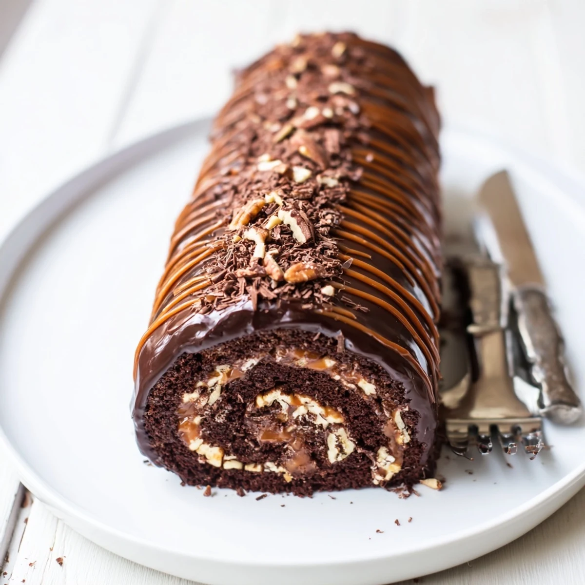 Moist chocolate cake roll spiraled with gooey caramel filling and pecan pieces