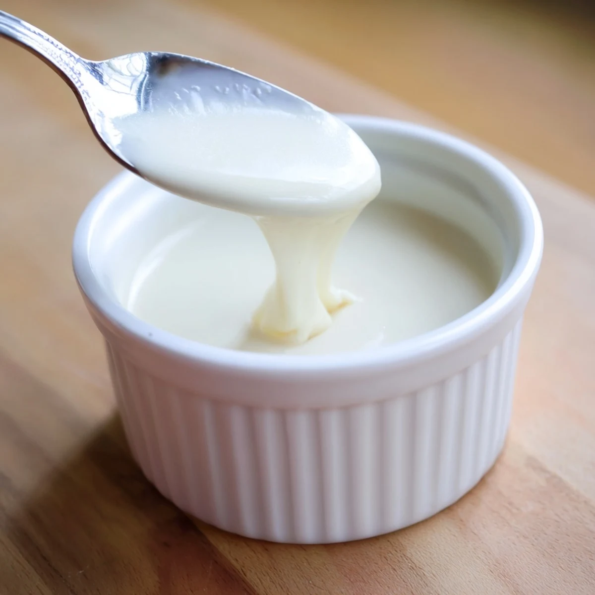 Thick golden condensed coconut milk drizzling slowly from a spoon over dessert