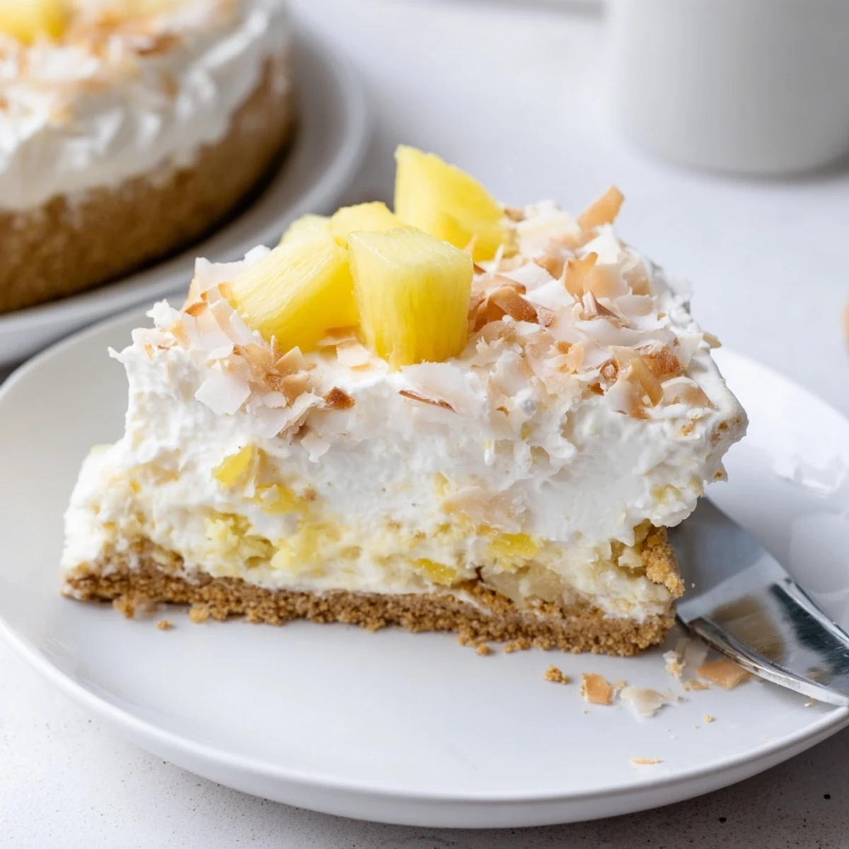 Creamy No Bake Pineapple Coconut Cream Cake sliced and served on a white dessert plate
